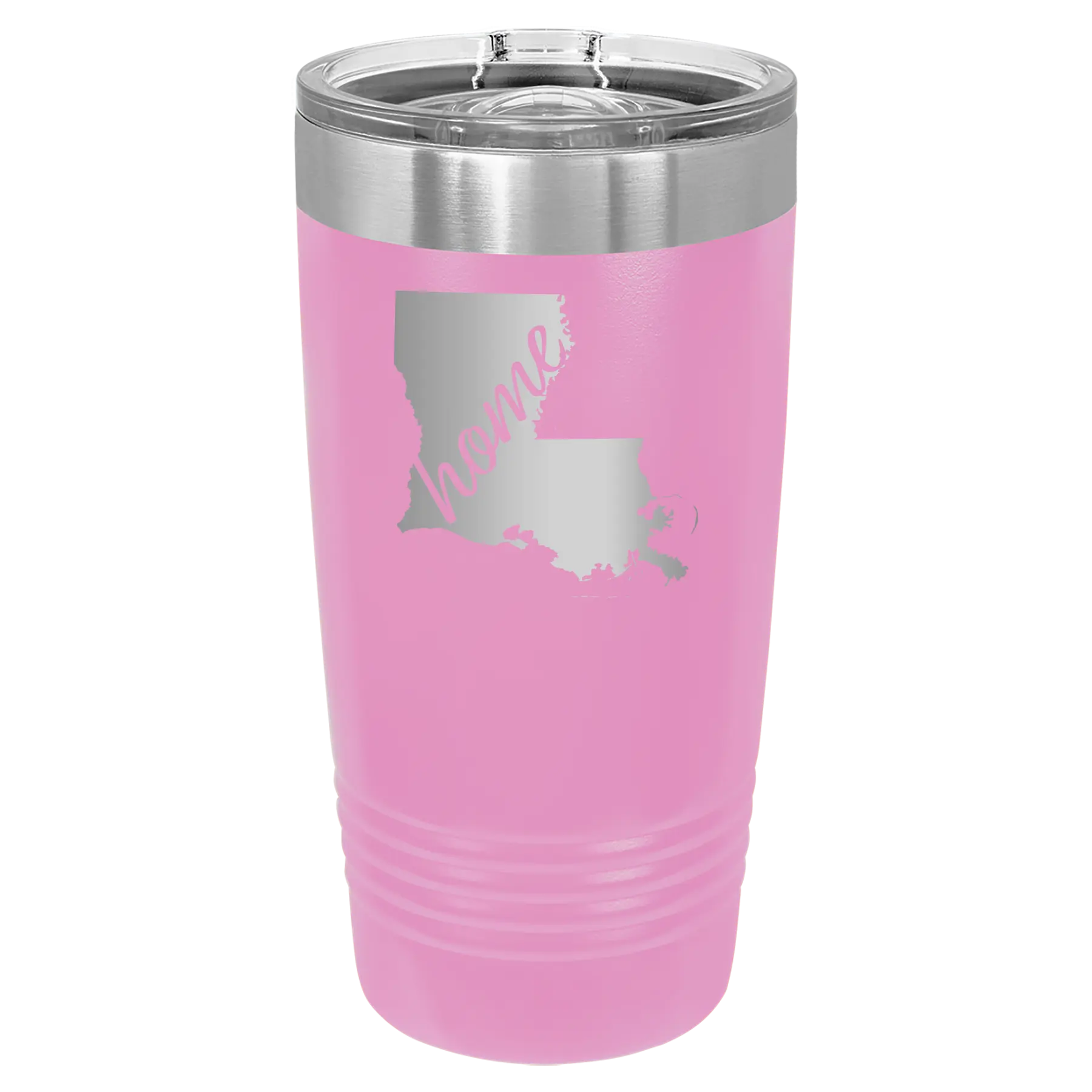 Laser etched light purple 20 oz vacuum insulated tumbler with 'Louisiana Home' design