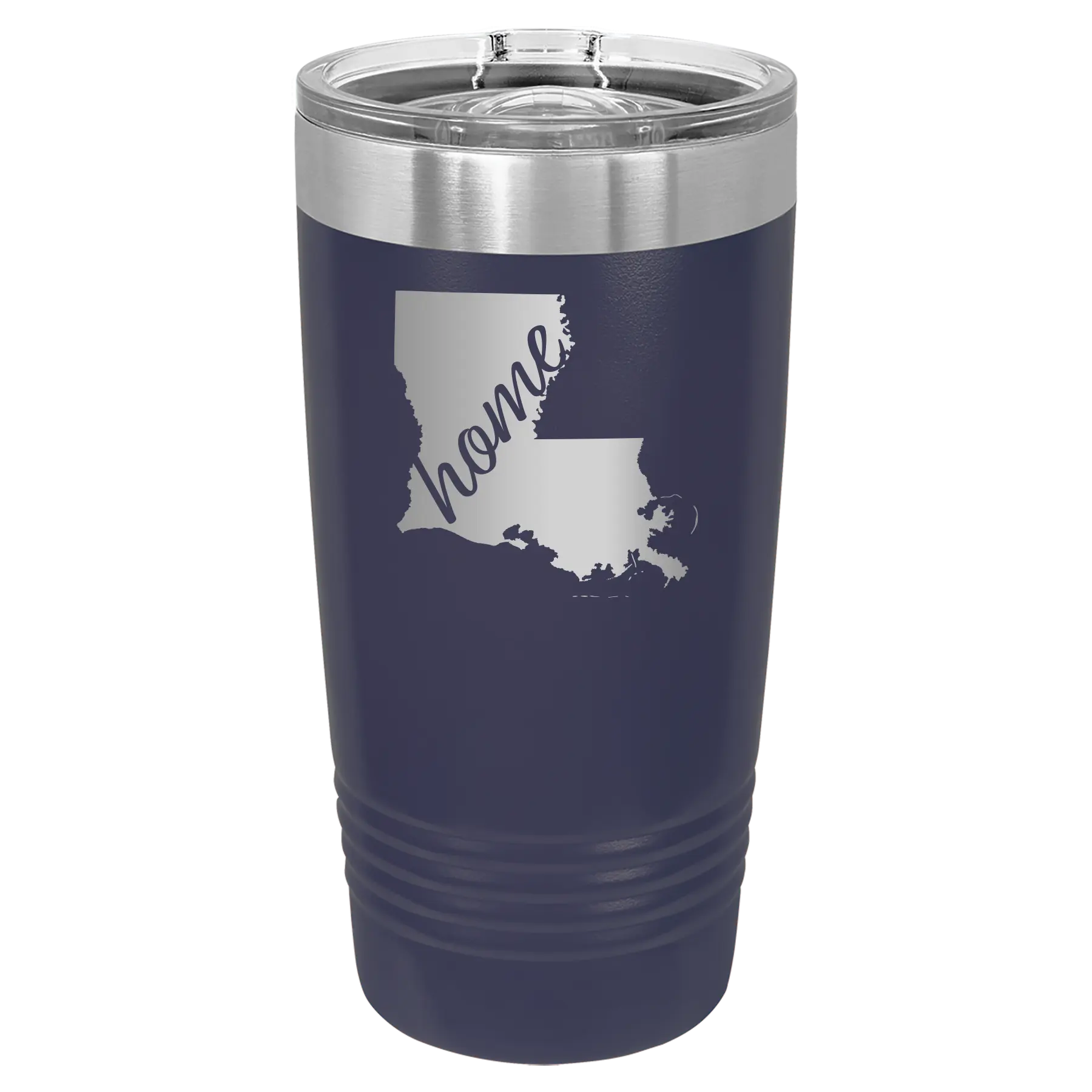 Laser etched navy 20 oz vacuum insulated tumbler with 'Louisiana Home' design