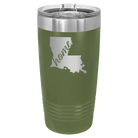 Laser etched olive green 20 oz vacuum insulated tumbler with 'Louisiana Home' design
