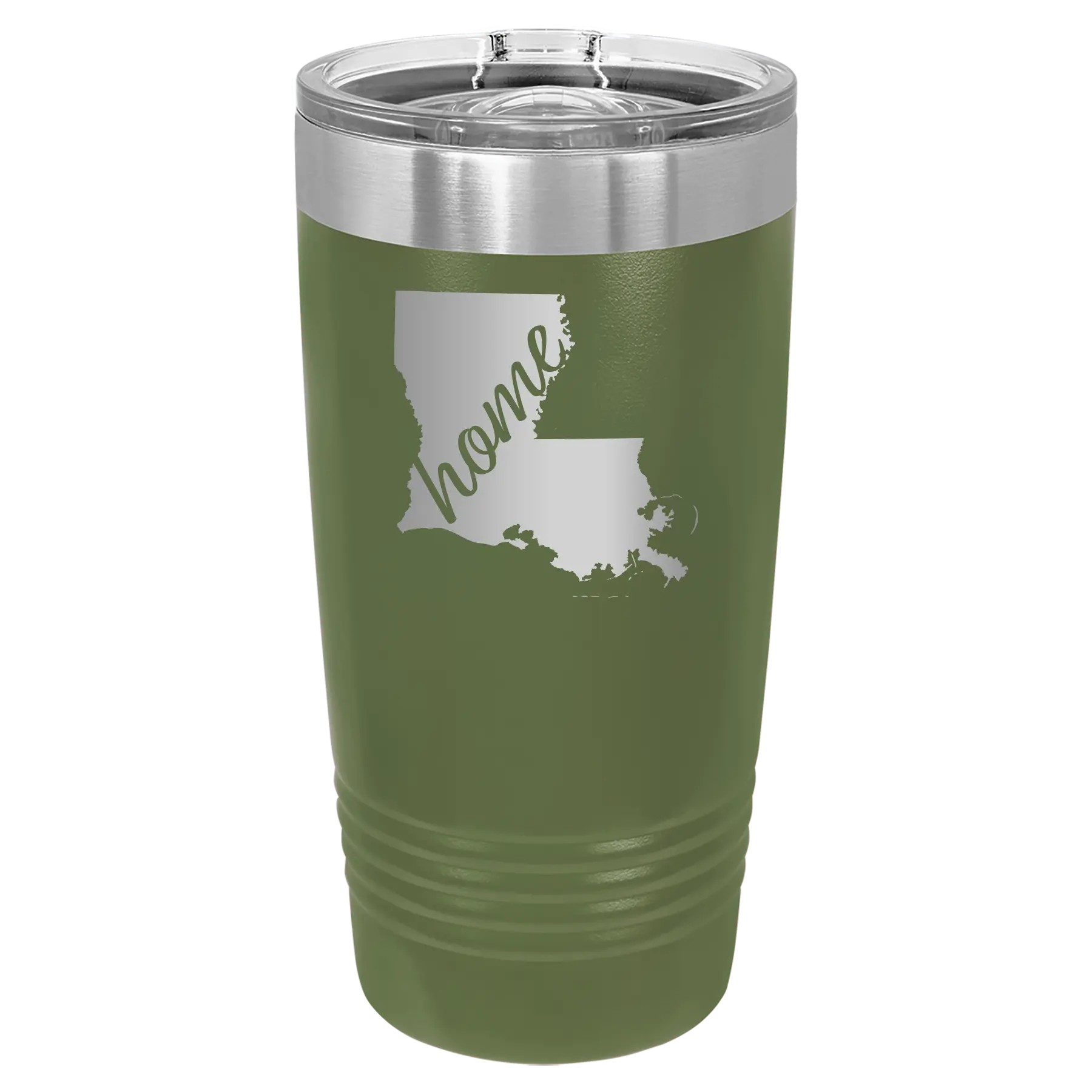 Laser etched olive green 20 oz vacuum insulated tumbler with 'Louisiana Home' design