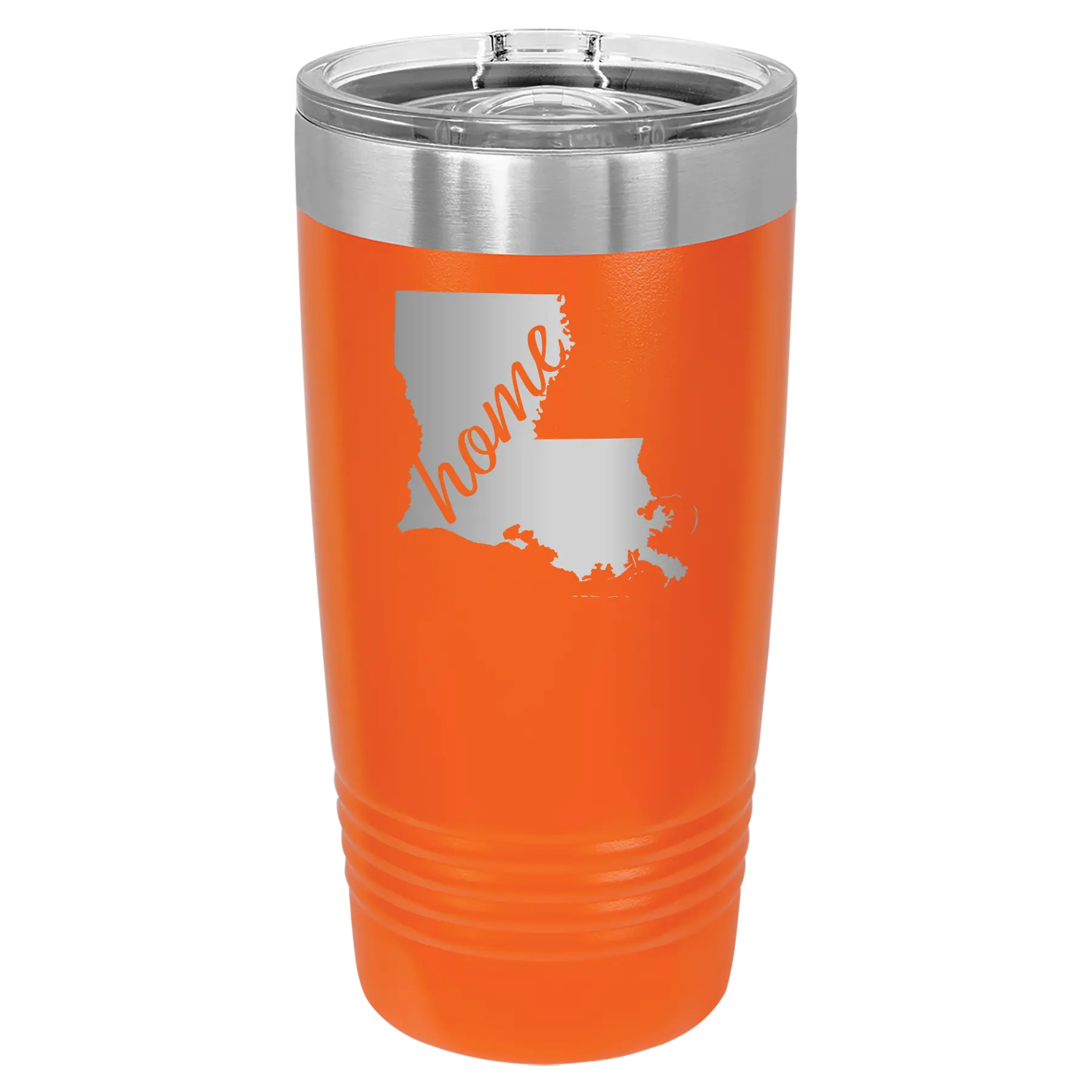 Laser etched orange 20 oz vacuum insulated tumbler with 'Louisiana Home' design
