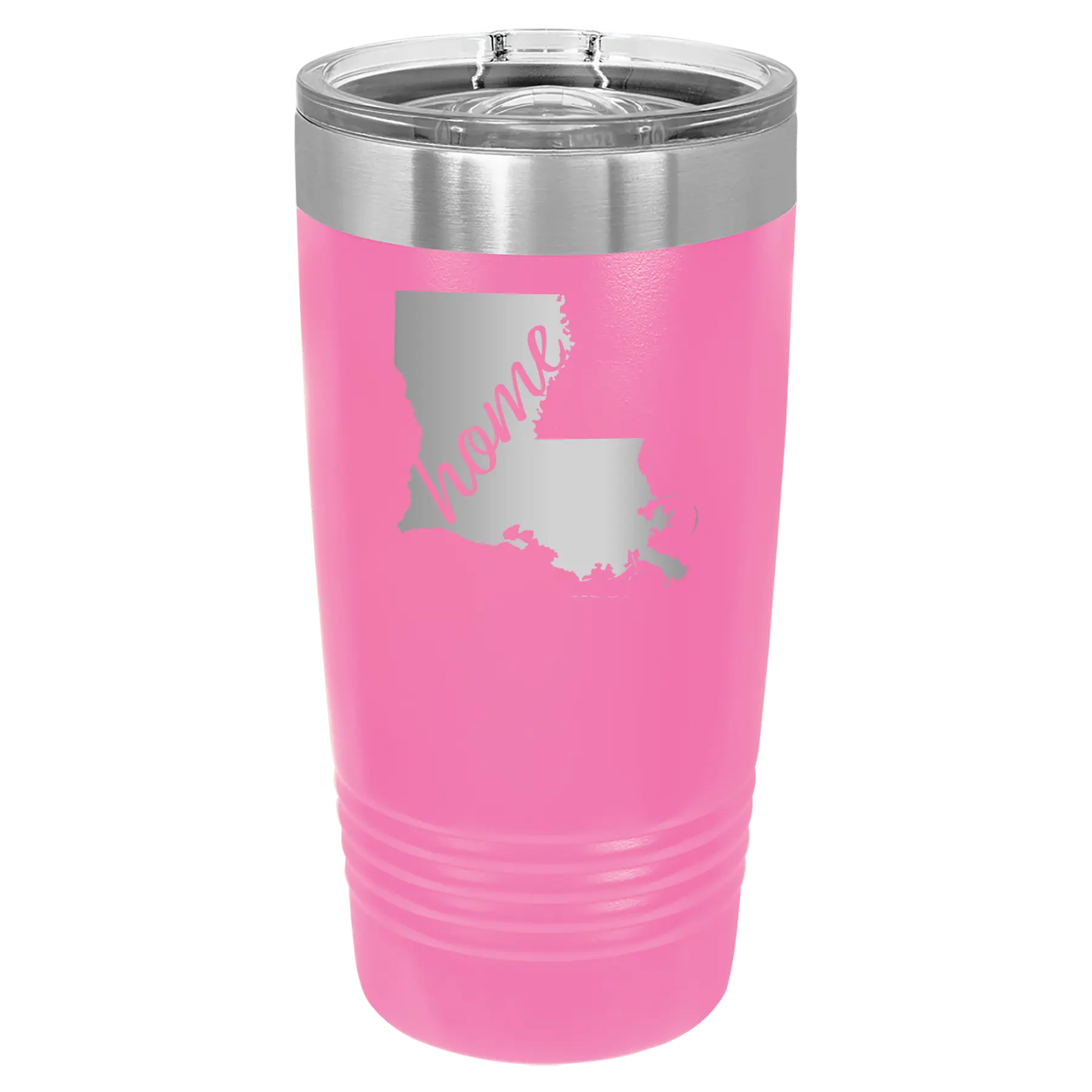 Laser etched pink 20 oz vacuum insulated tumbler with 'Louisiana Home' design