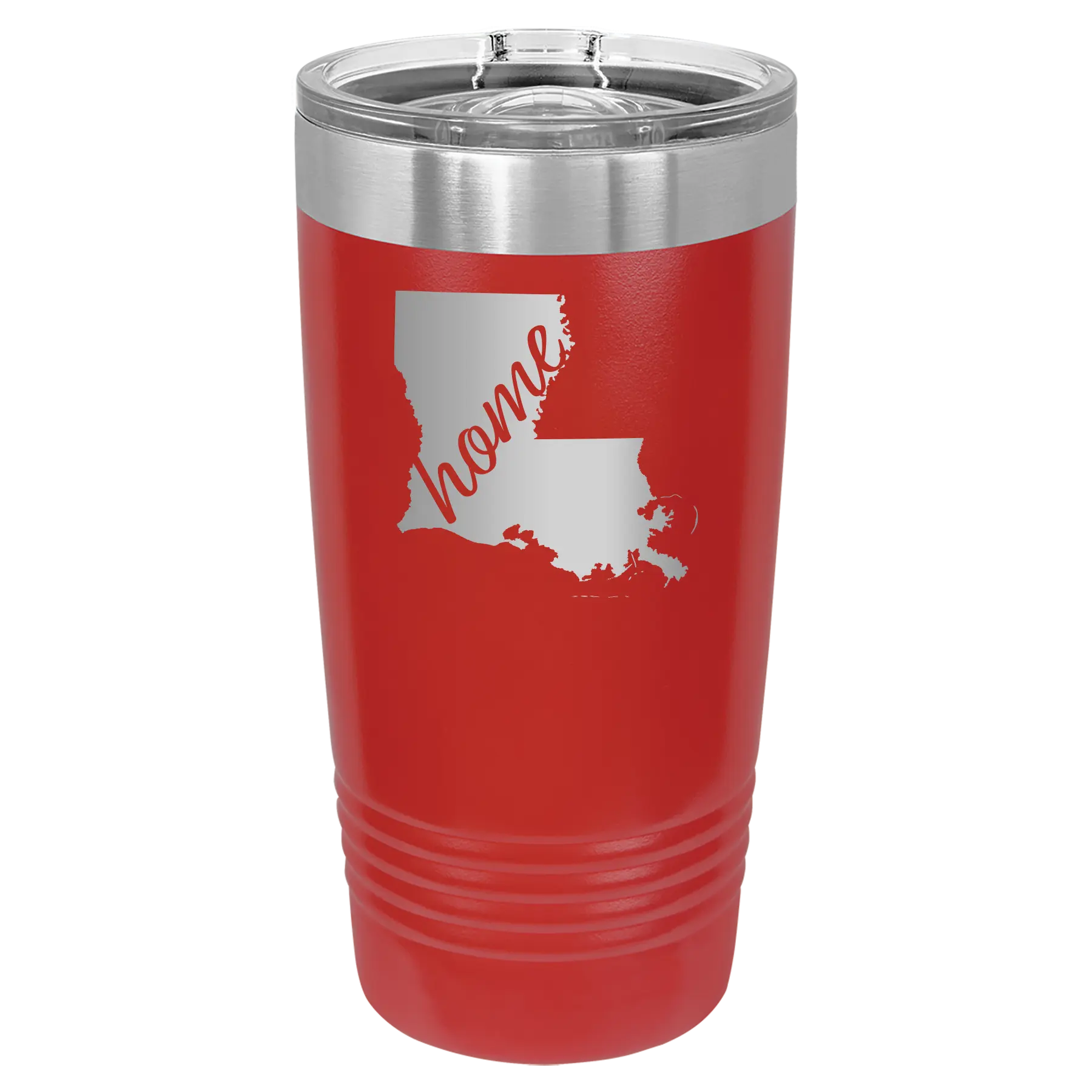 Laser etched red 20 oz vacuum insulated tumbler with 'Louisiana Home' design