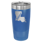 Laser etched royal blue 20 oz vacuum insulated tumbler with 'Louisiana Home' design