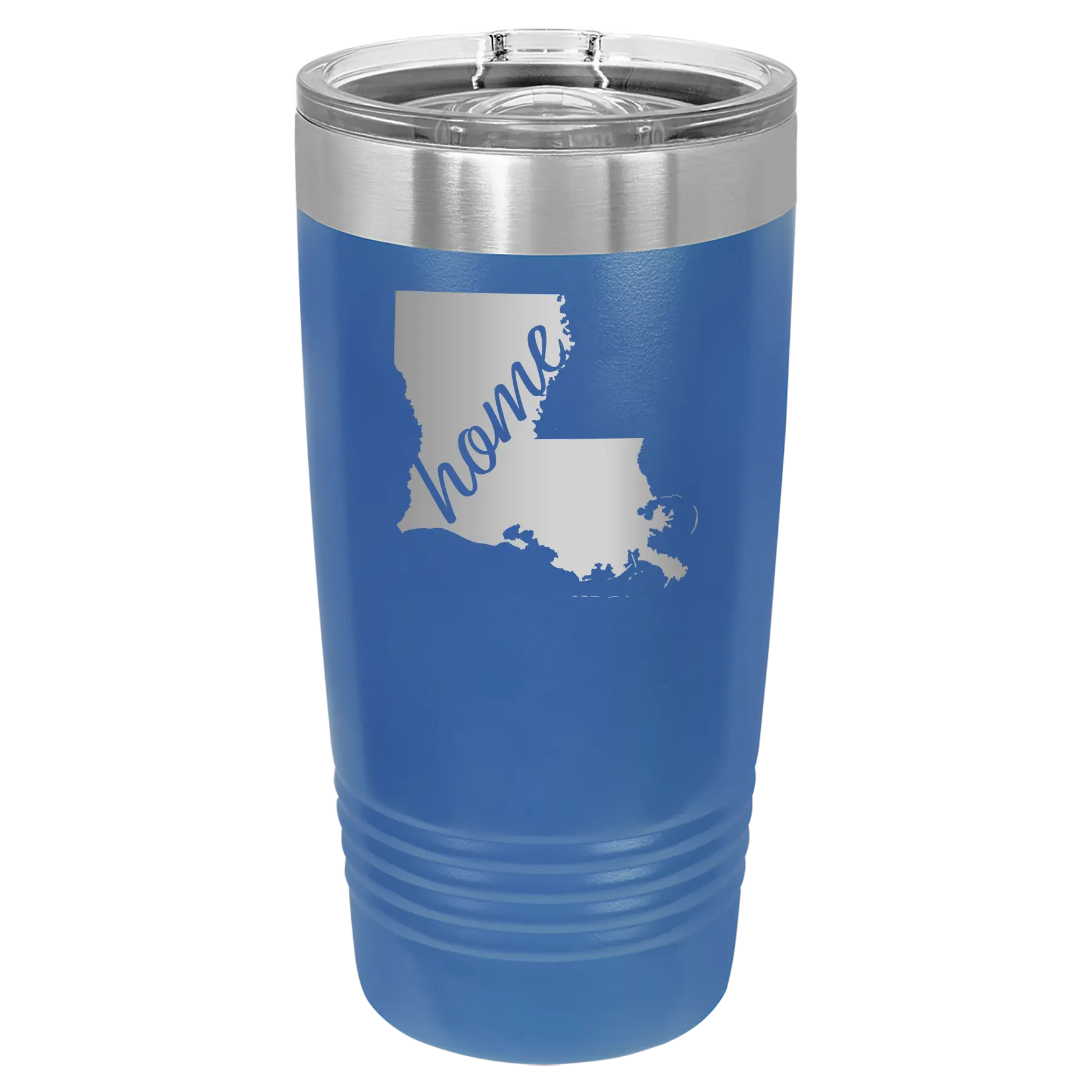 Laser etched royal blue 20 oz vacuum insulated tumbler with 'Louisiana Home' design