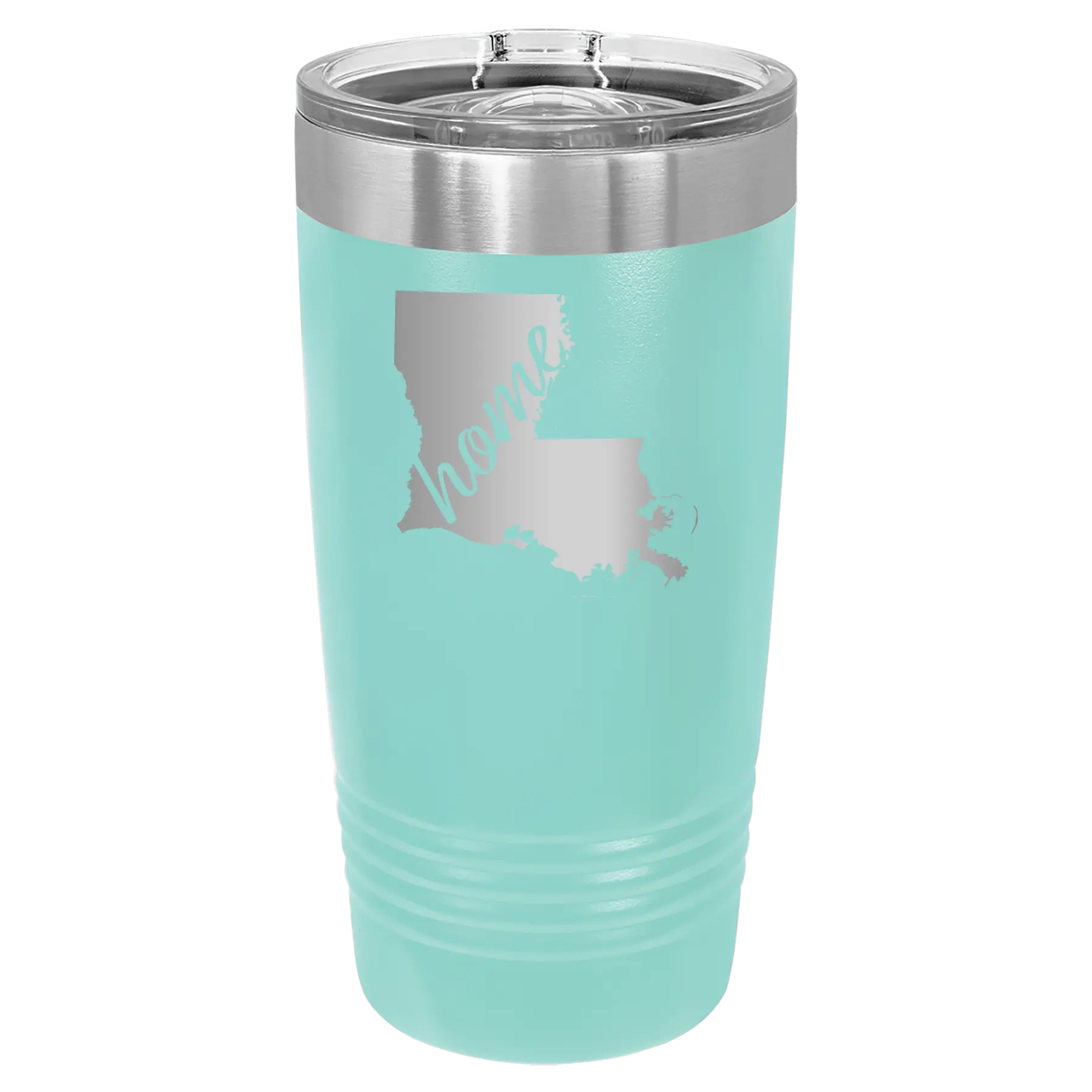 Laser etched teal 20 oz vacuum insulated tumbler with 'Louisiana Home' design