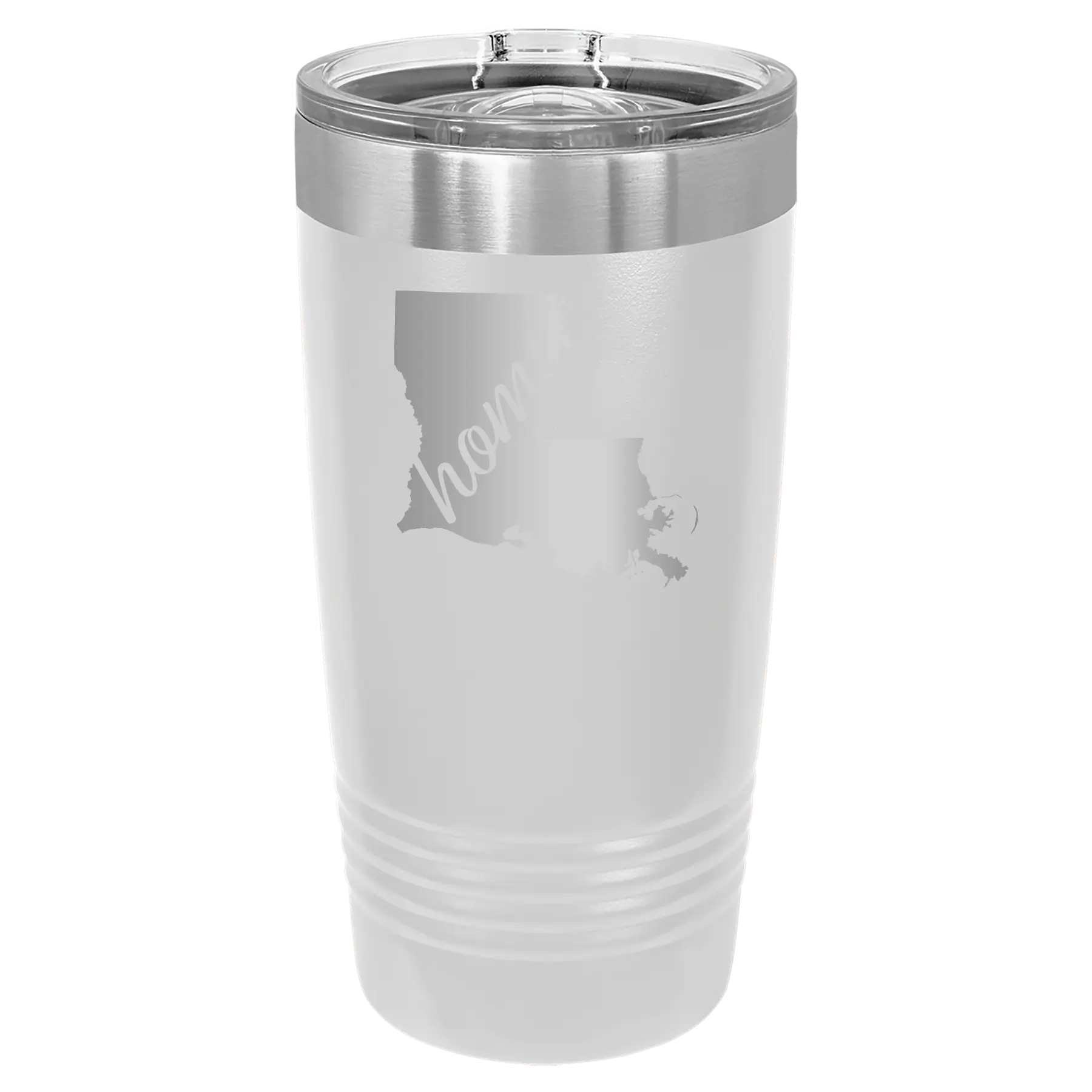 Laser etched white 20 oz vacuum insulated tumbler with 'Louisiana Home' design