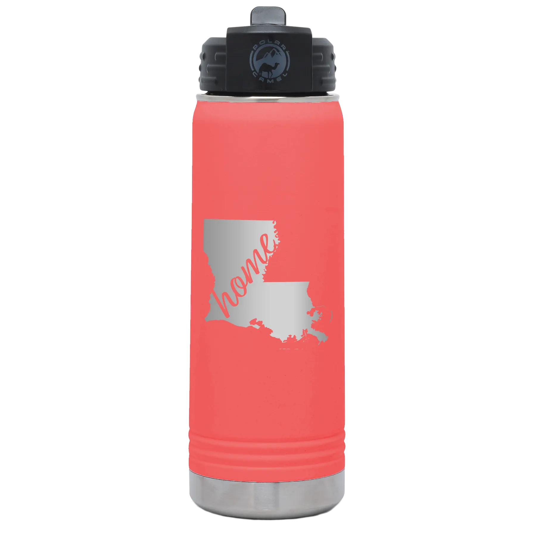 Laser etched coral 20 oz vacuum insulated water bottle with 'Louisiana Home' design