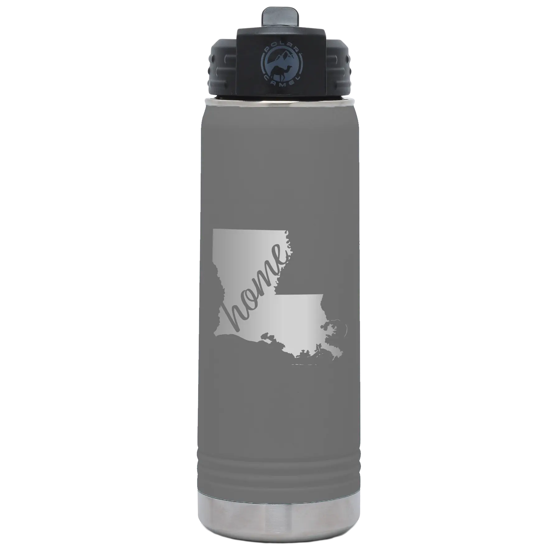 Laser etched dark gray 20 oz vacuum insulated water bottle with 'Louisiana Home' design