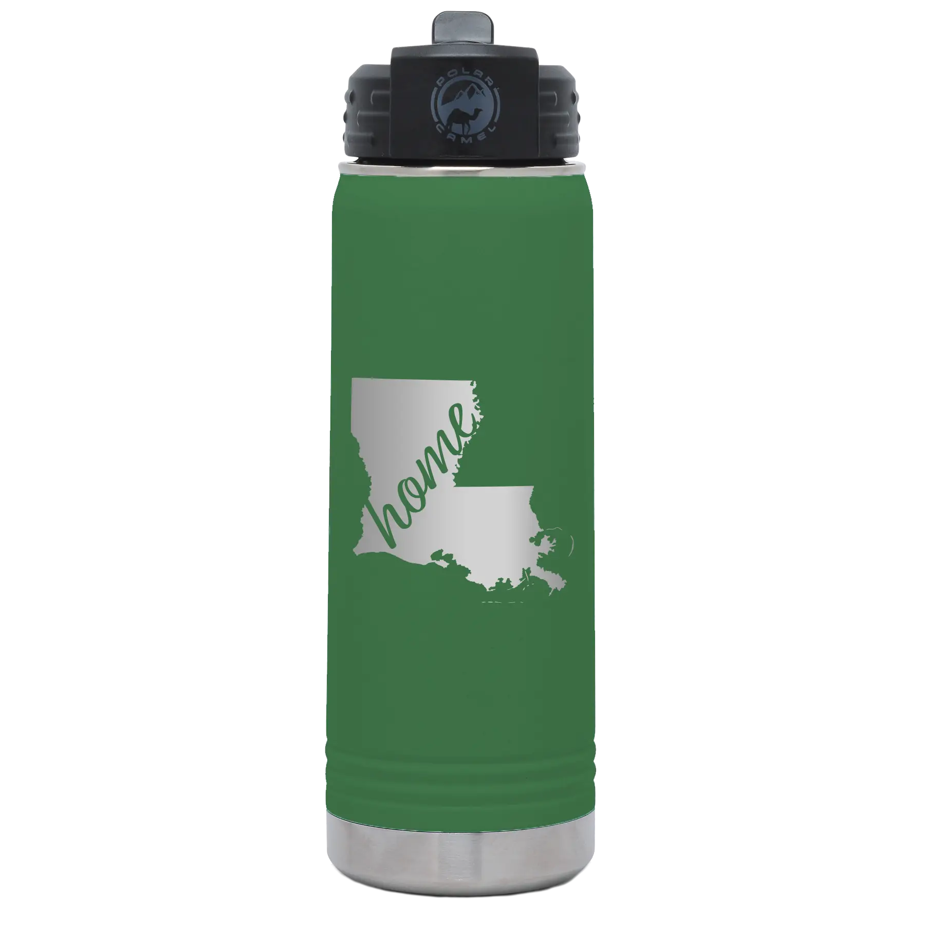 Laser etched green 20 oz vacuum insulated water bottle with 'Louisiana Home' design