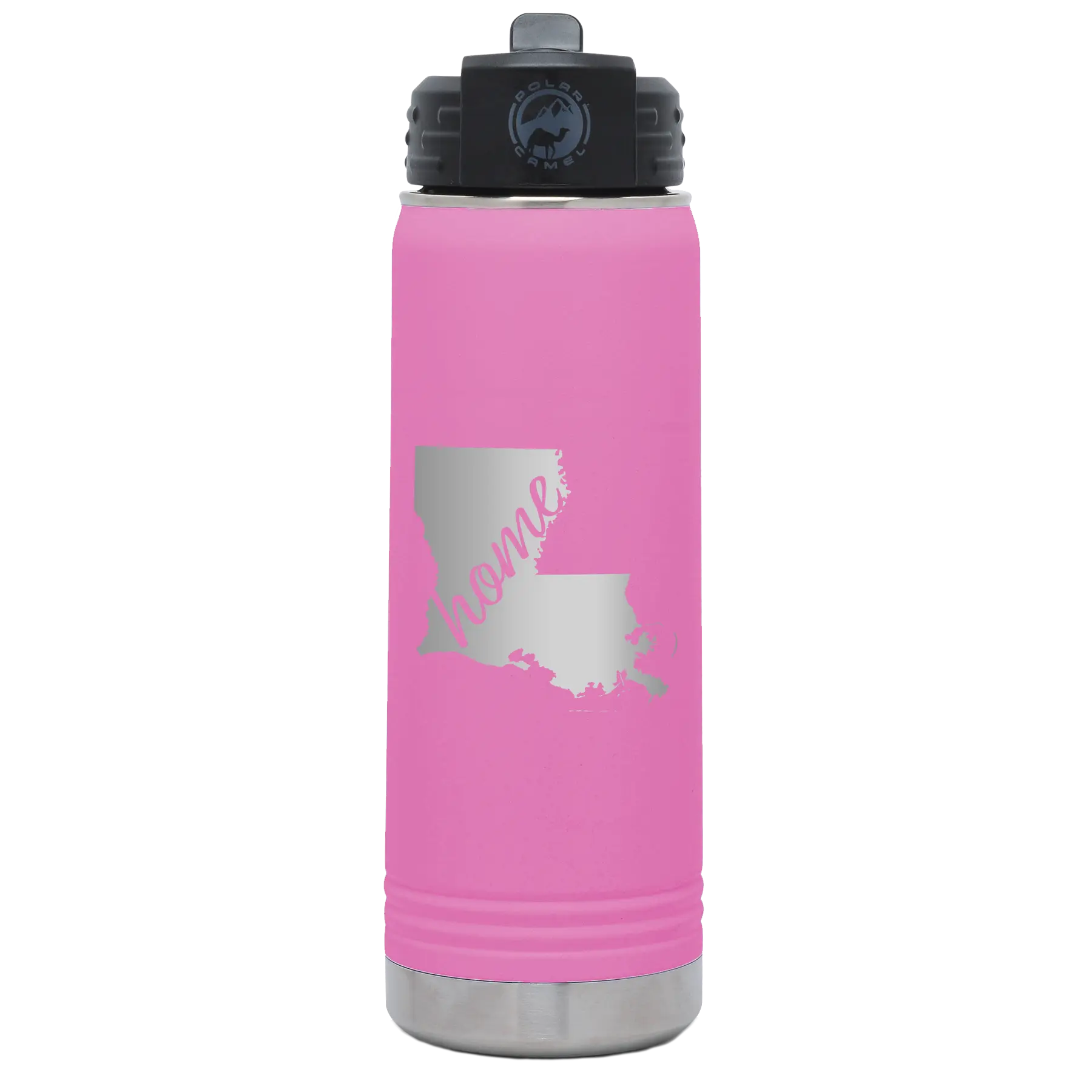 Laser etched light purple 20 oz vacuum insulated water bottle with 'Louisiana Home' design