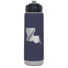 Laser etched navy 20 oz vacuum insulated water bottle with 'Louisiana Home' design