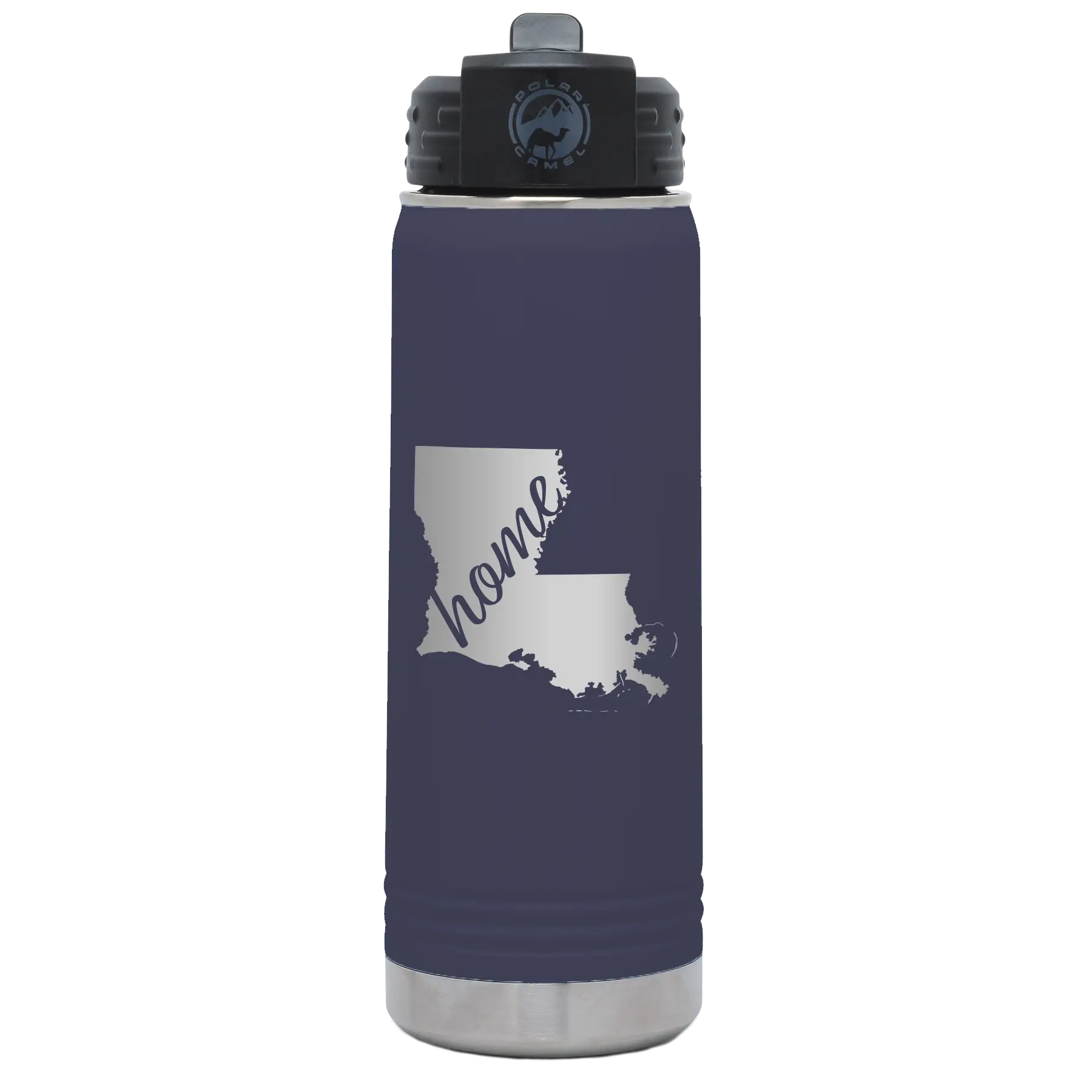 Laser etched navy 20 oz vacuum insulated water bottle with 'Louisiana Home' design
