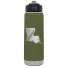 Laser etched olive green 20 oz vacuum insulated water bottle with 'Louisiana Home' design