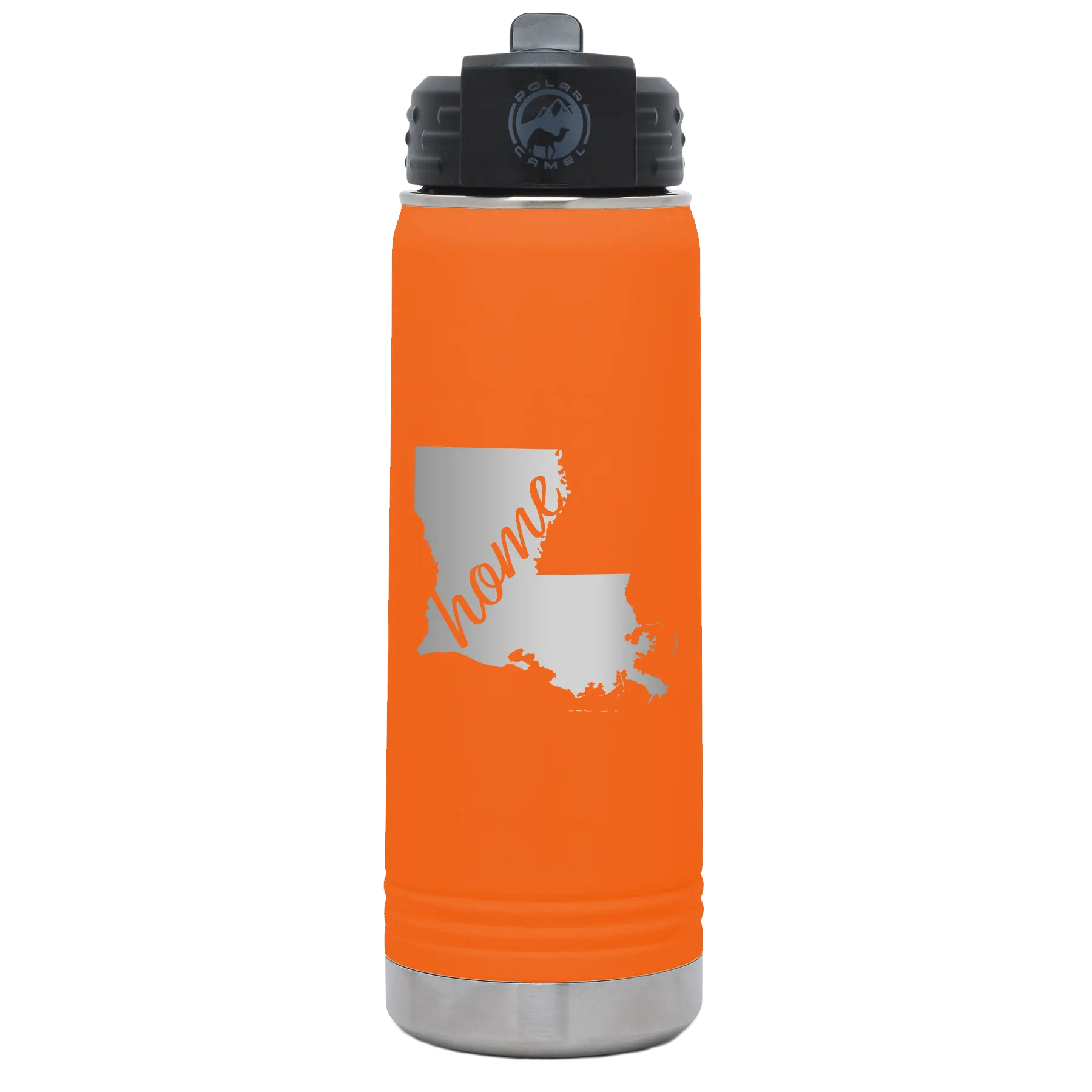 Laser etched orange 20 oz vacuum insulated water bottle with 'Louisiana Home' design