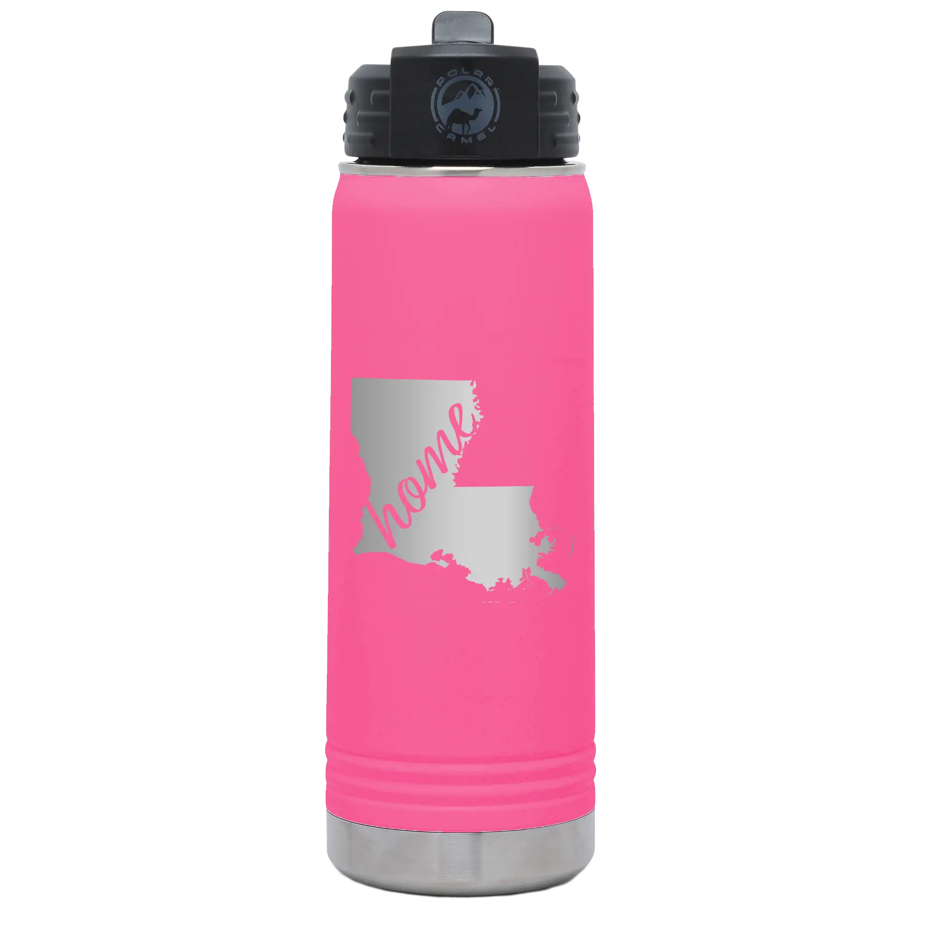 Laser etched pink 20 oz vacuum insulated water bottle with 'Louisiana Home' design