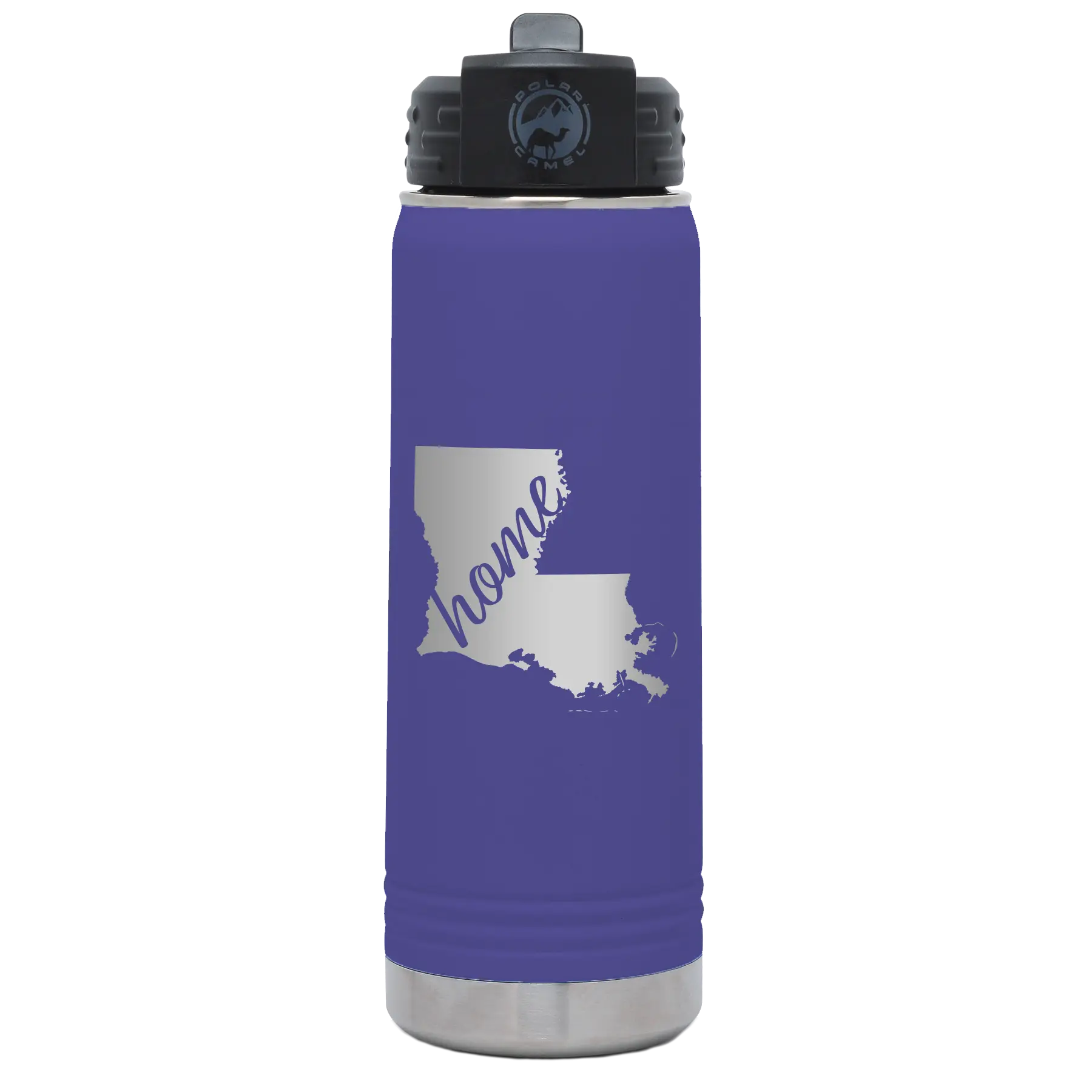 Laser etched purple 20 oz vacuum insulated water bottle with 'Louisiana Home' design