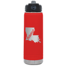 Laser etched red 20 oz vacuum insulated water bottle with 'Louisiana Home' design