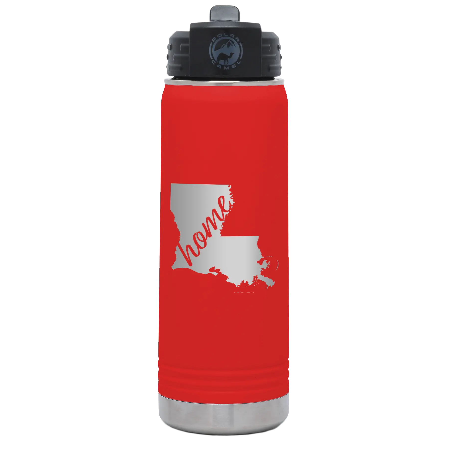 Laser etched red 20 oz vacuum insulated water bottle with 'Louisiana Home' design