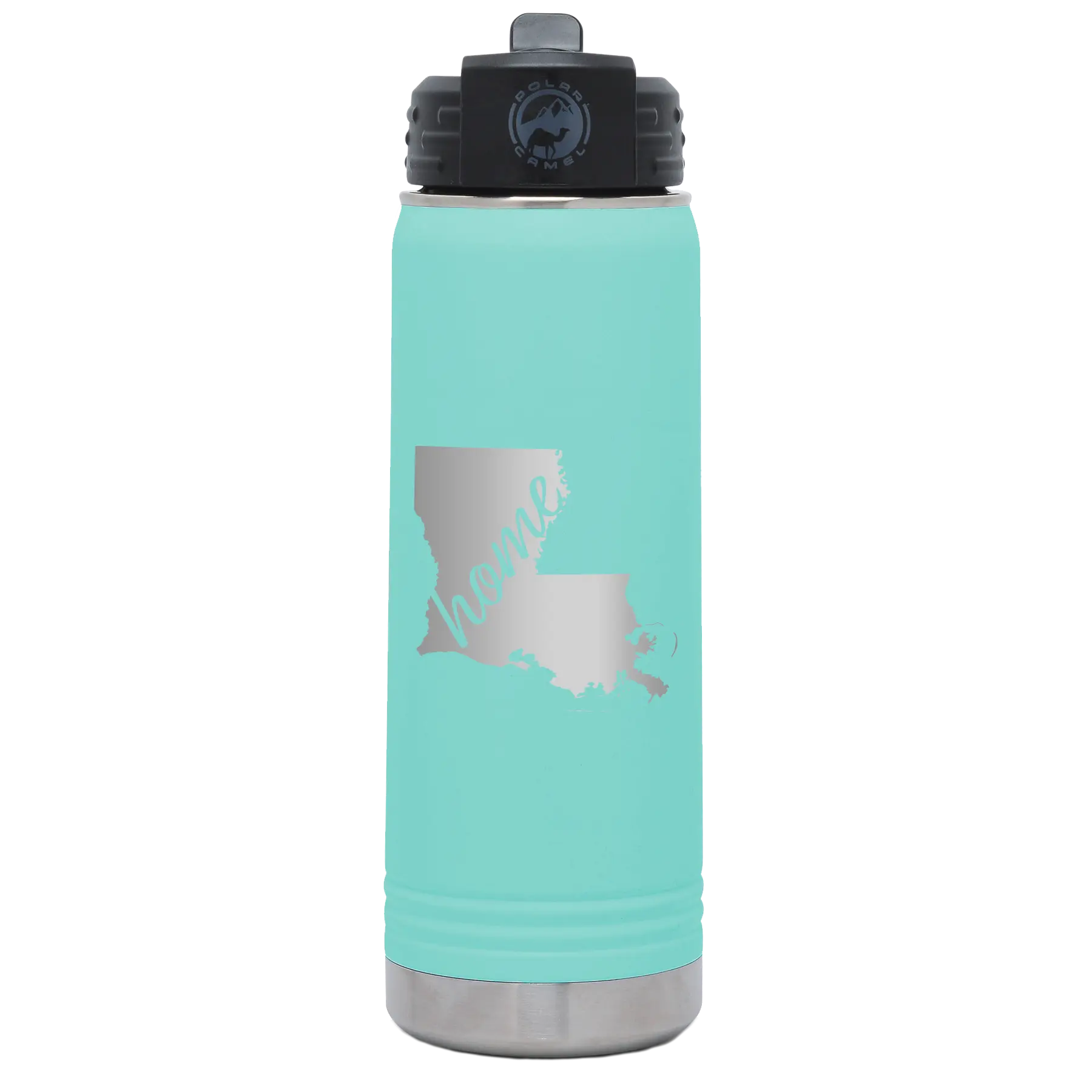 Laser etched teal 20 oz vacuum insulated water bottle with 'Louisiana Home' design