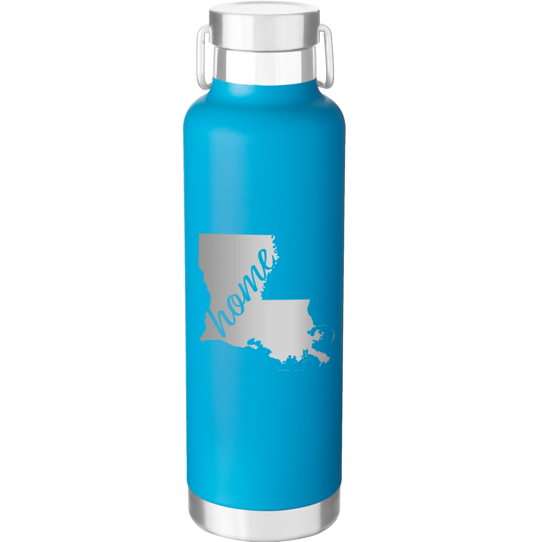 Laser etched aqua 24 oz vacuum insulated water bottle with 'Louisiana Home' design