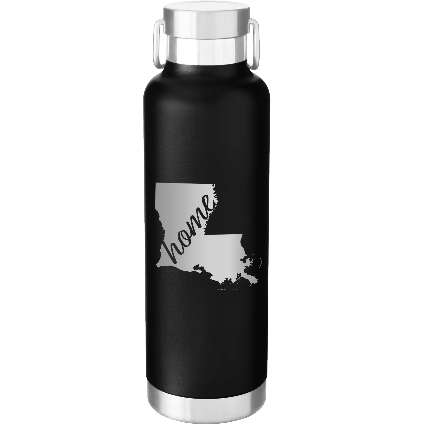Laser etched black 24 oz vacuum insulated water bottle with 'Louisiana Home' design