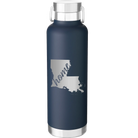 Laser etched navy 24 oz vacuum insulated water bottle with 'Louisiana Home' design