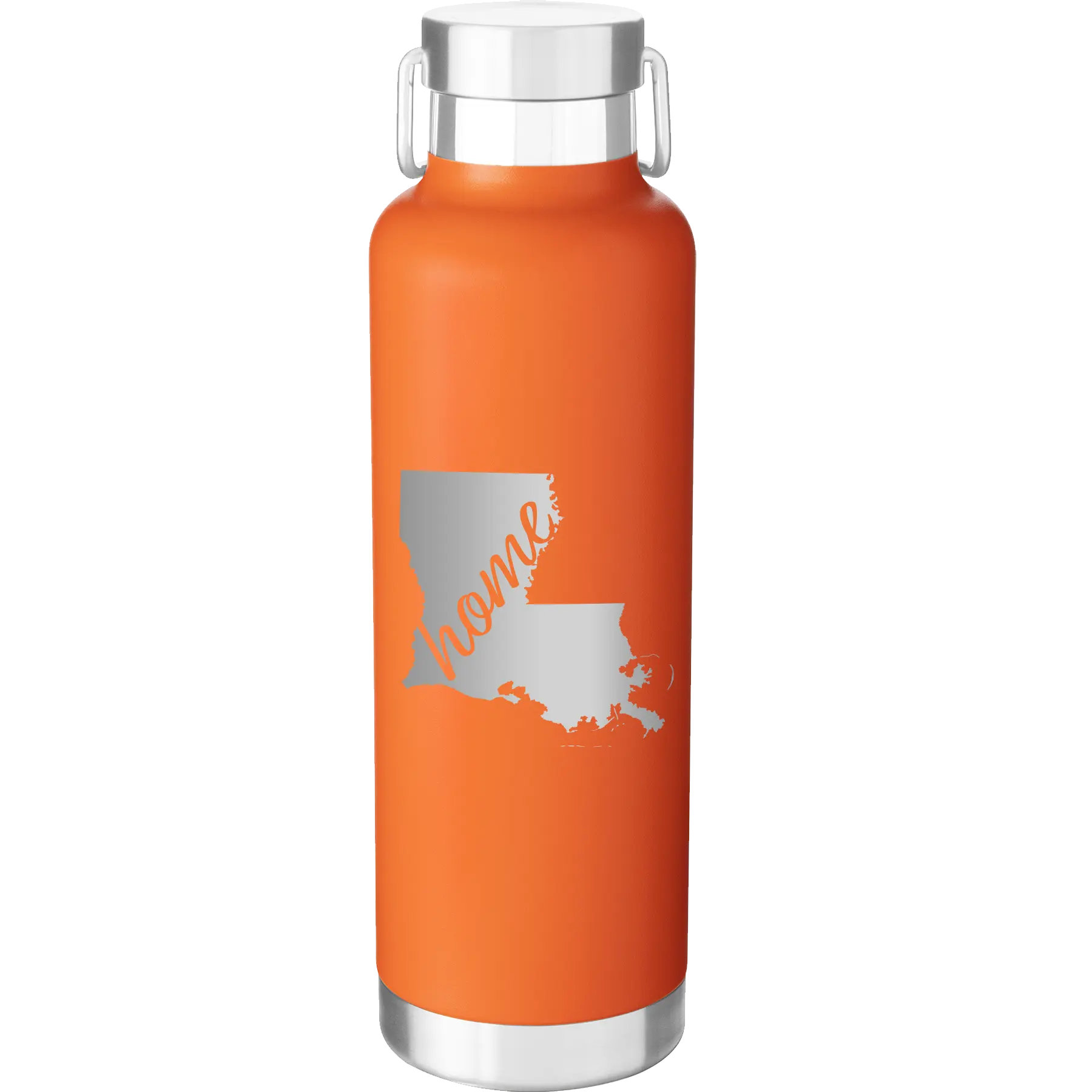 Laser etched orange 24 oz vacuum insulated water bottle with 'Louisiana Home' design