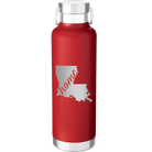 Laser etched red 24 oz vacuum insulated water bottle with 'Louisiana Home' design