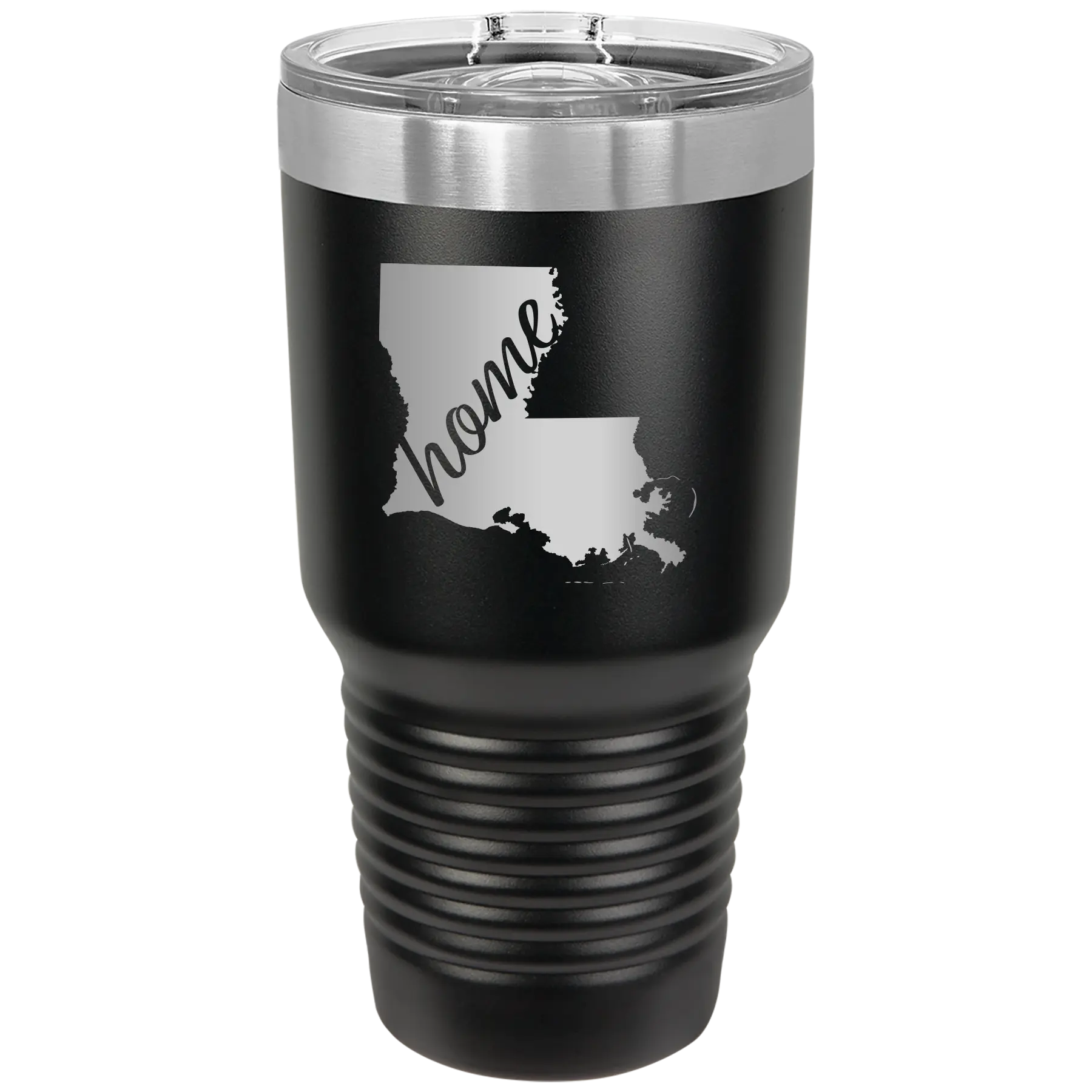 Laser etched black 30 oz vacuum insulated tumbler with 'Louisiana Home' design