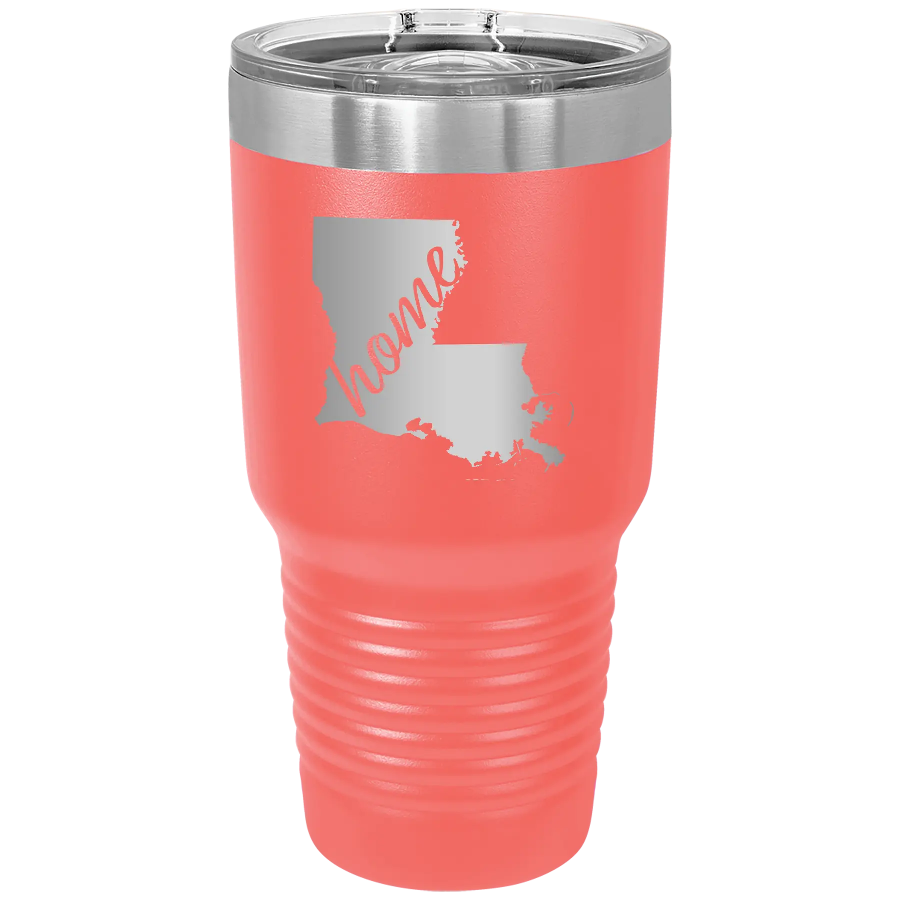 Laser etched coral 30 oz vacuum insulated tumbler with 'Louisiana Home' design