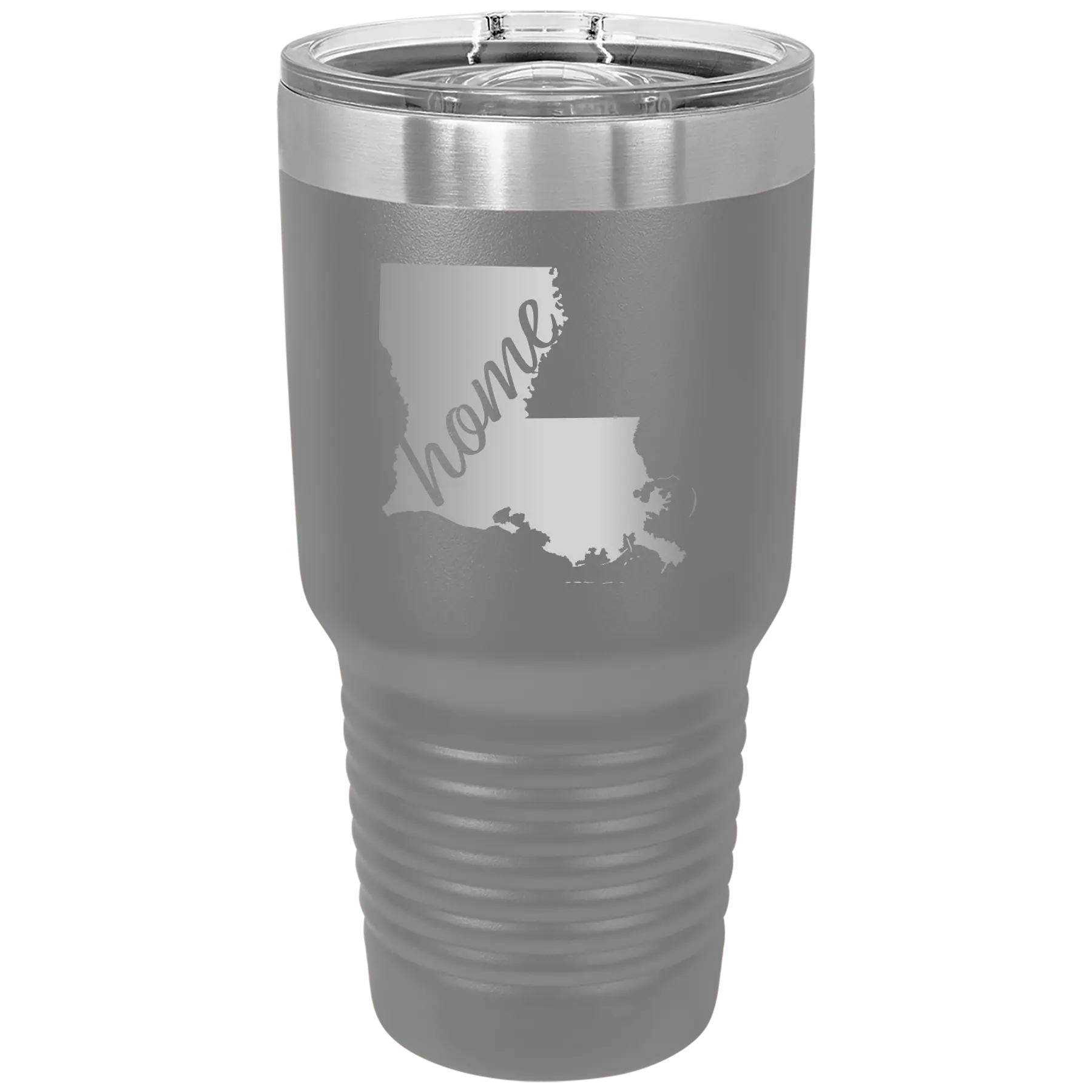 Laser etched dark gray 30 oz vacuum insulated tumbler with 'Louisiana Home' design