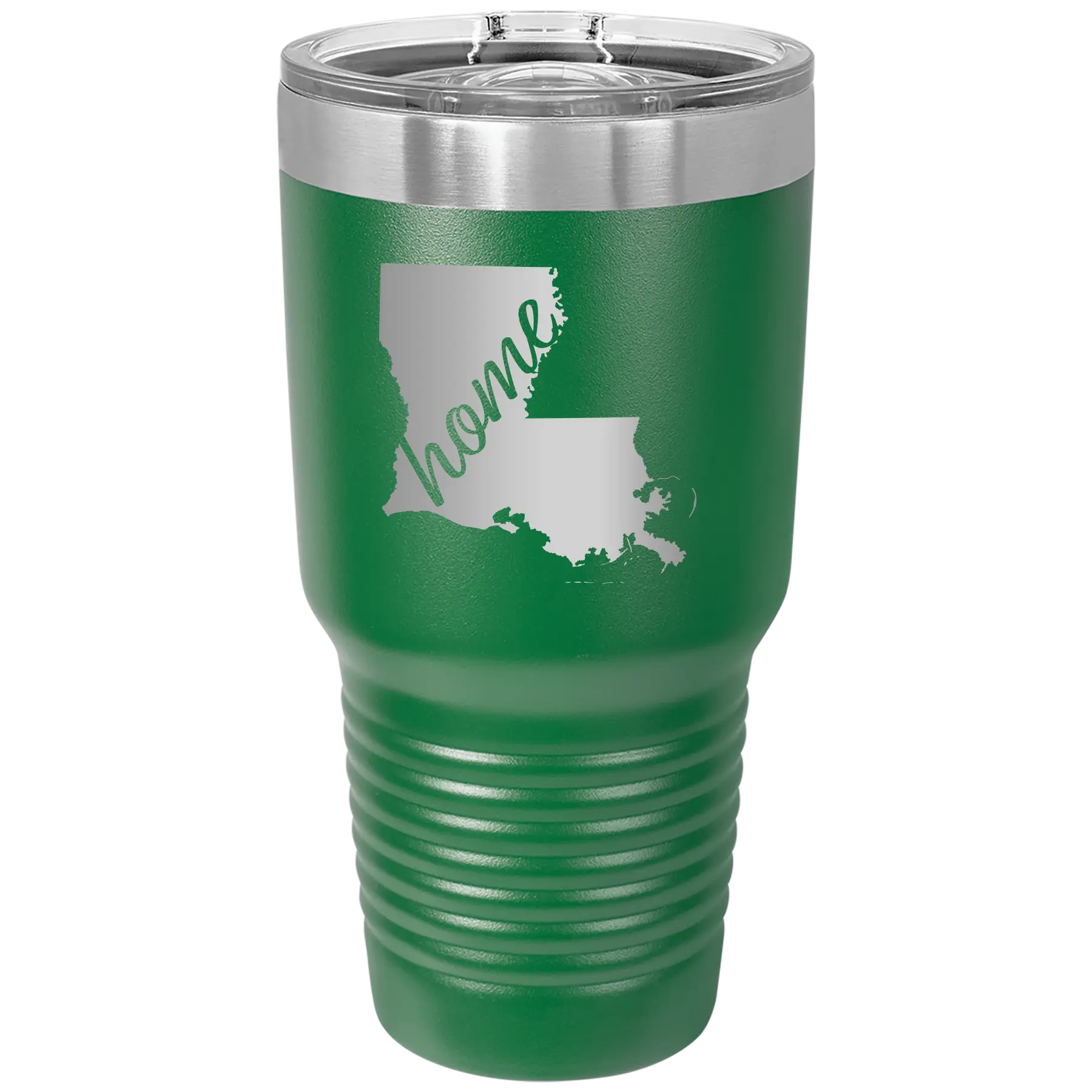 Laser etched green 30 oz vacuum insulated tumbler with 'Louisiana Home' design