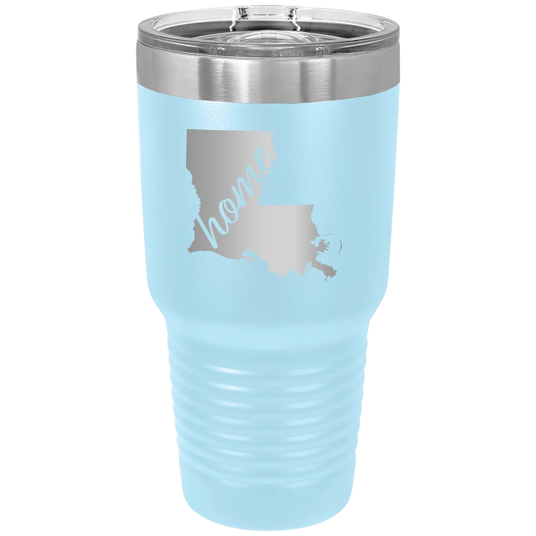 Laser etched light blue 30 oz vacuum insulated tumbler with 'Louisiana Home' design