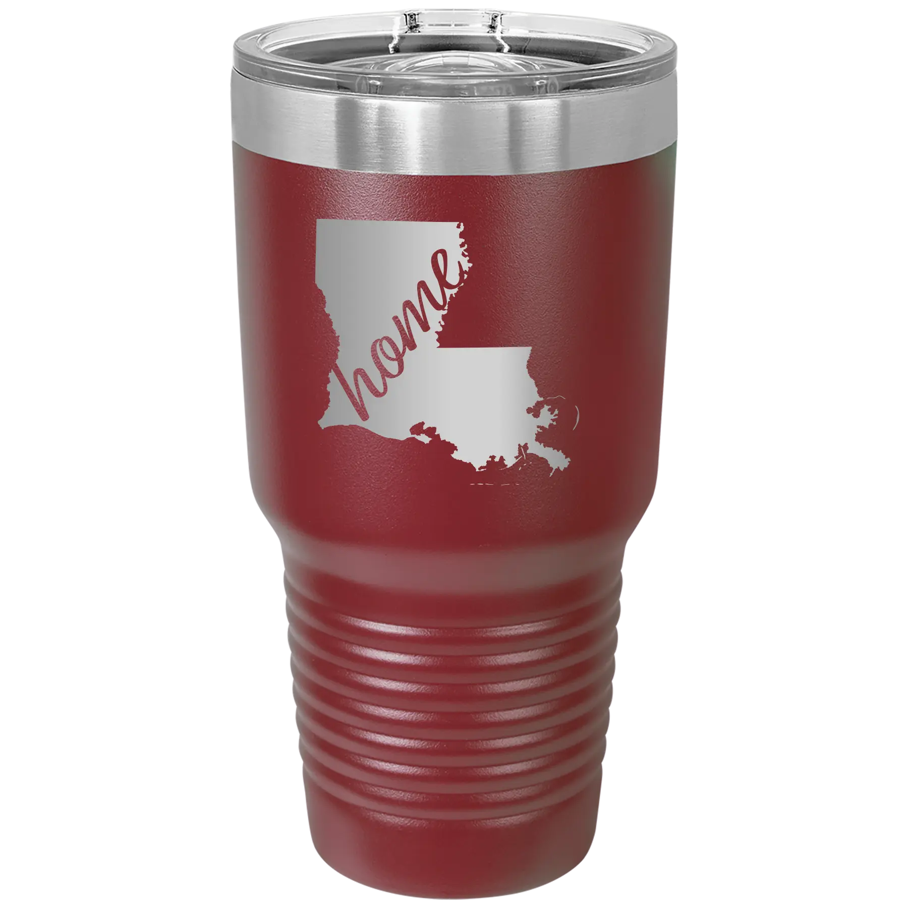 Laser etched maroon 30 oz vacuum insulated tumbler with 'Louisiana Home' design