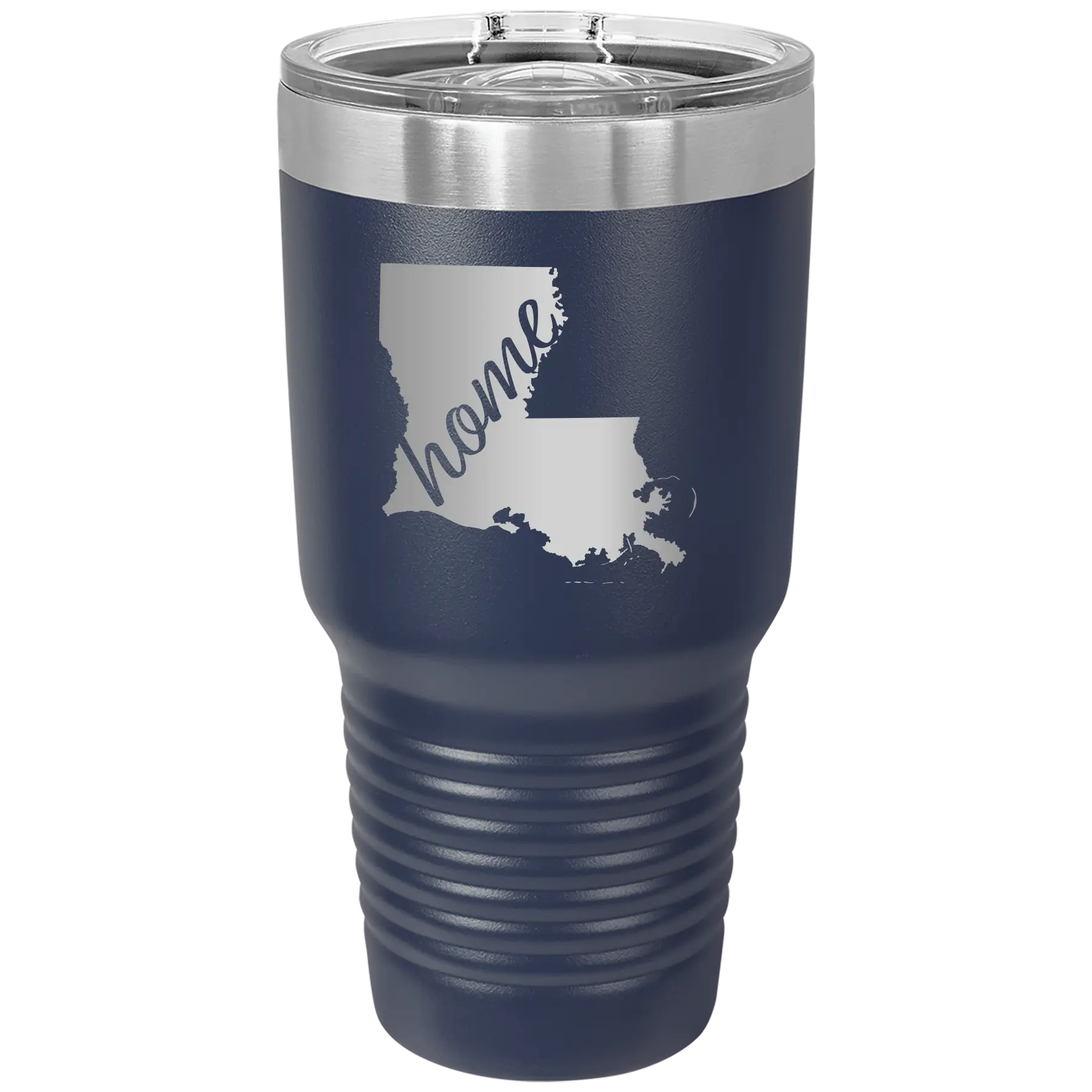 Laser etched navy 30 oz vacuum insulated tumbler with 'Louisiana Home' design