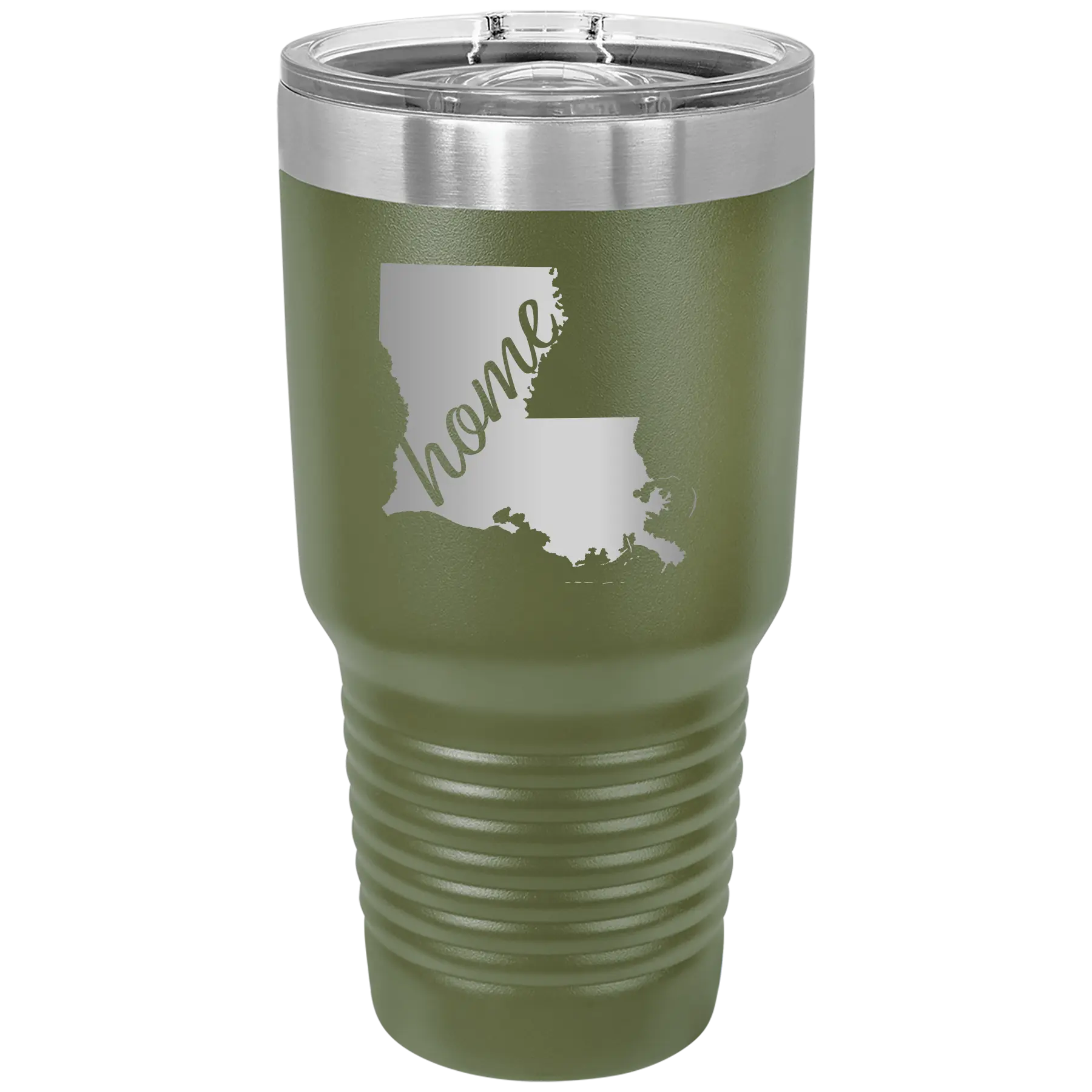 Laser etched olive green 30 oz vacuum insulated tumbler with 'Louisiana Home' design
