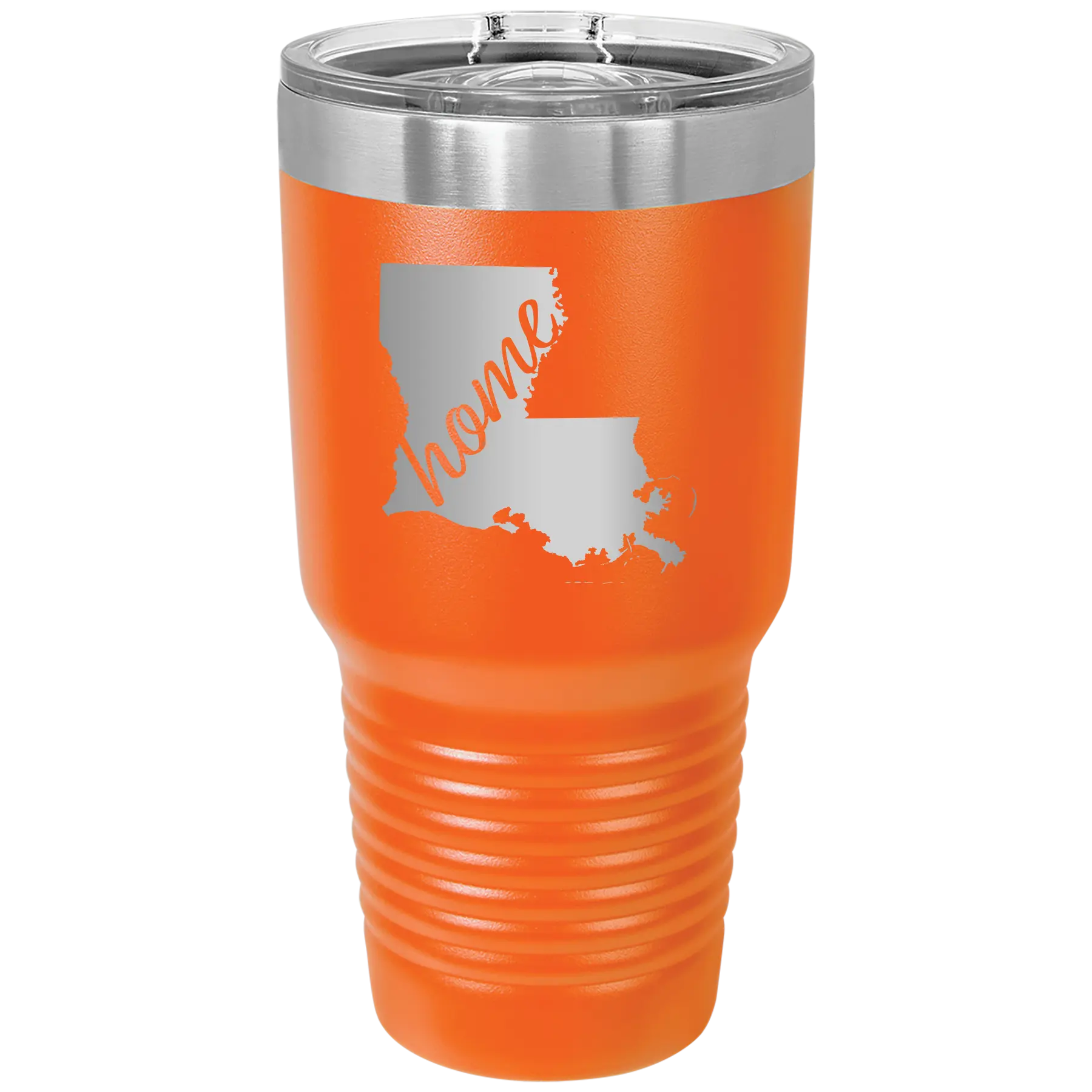 Laser etched orange 30 oz vacuum insulated tumbler with 'Louisiana Home' design