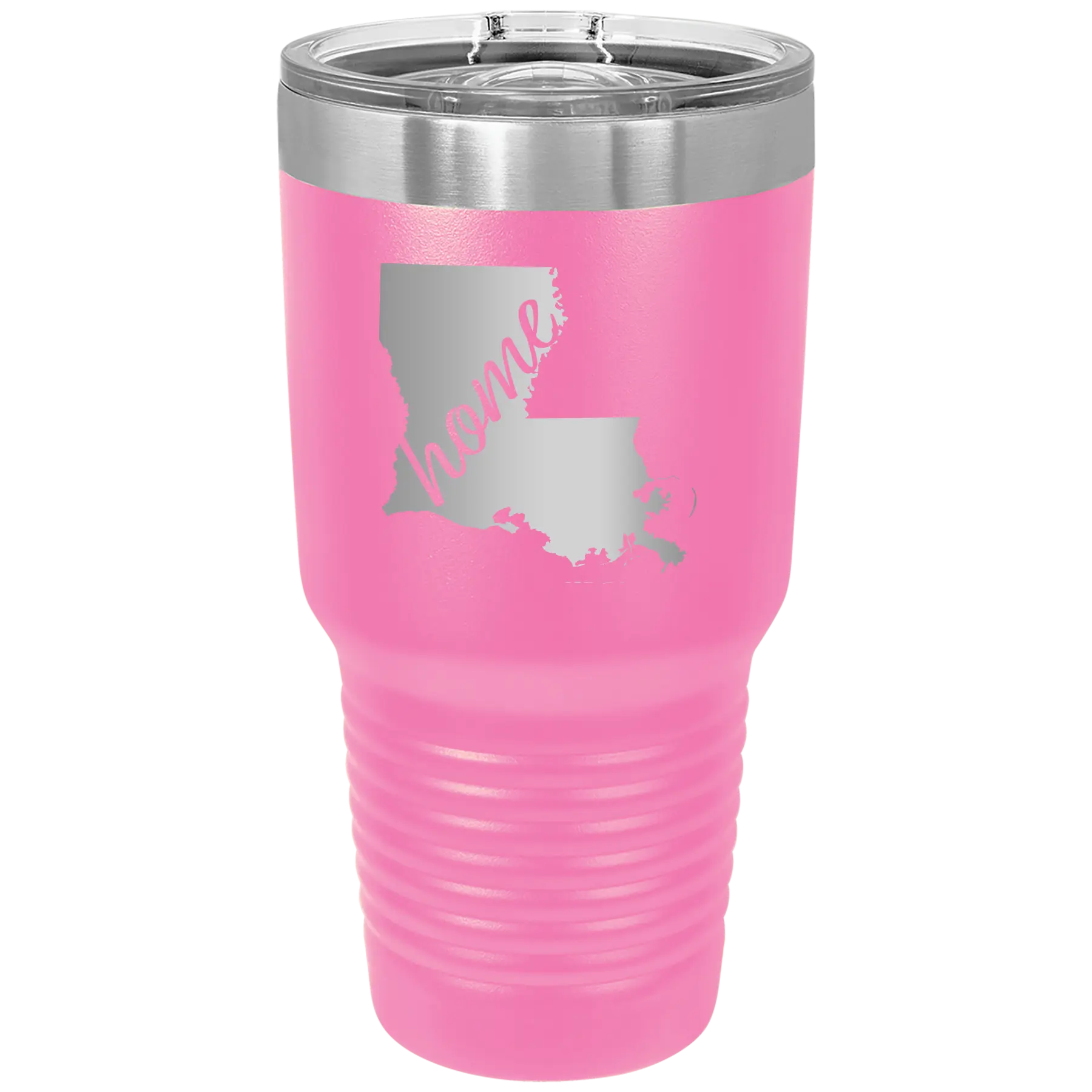 Laser etched pink 30 oz vacuum insulated tumbler with 'Louisiana Home' design