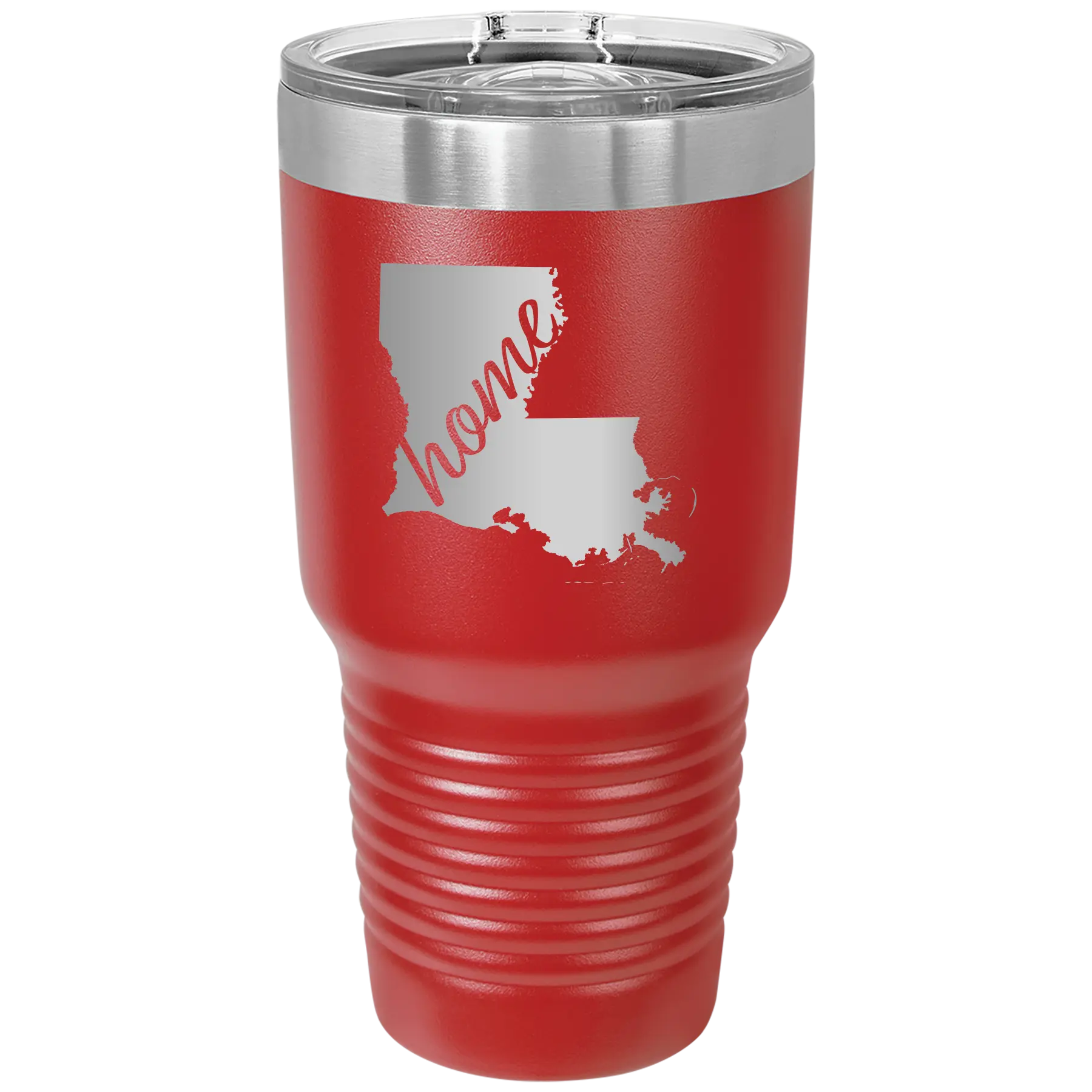 Laser etched red 30 oz vacuum insulated tumbler with 'Louisiana Home' design
