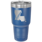 Laser etched royal blue 30 oz vacuum insulated tumbler with 'Louisiana Home' design