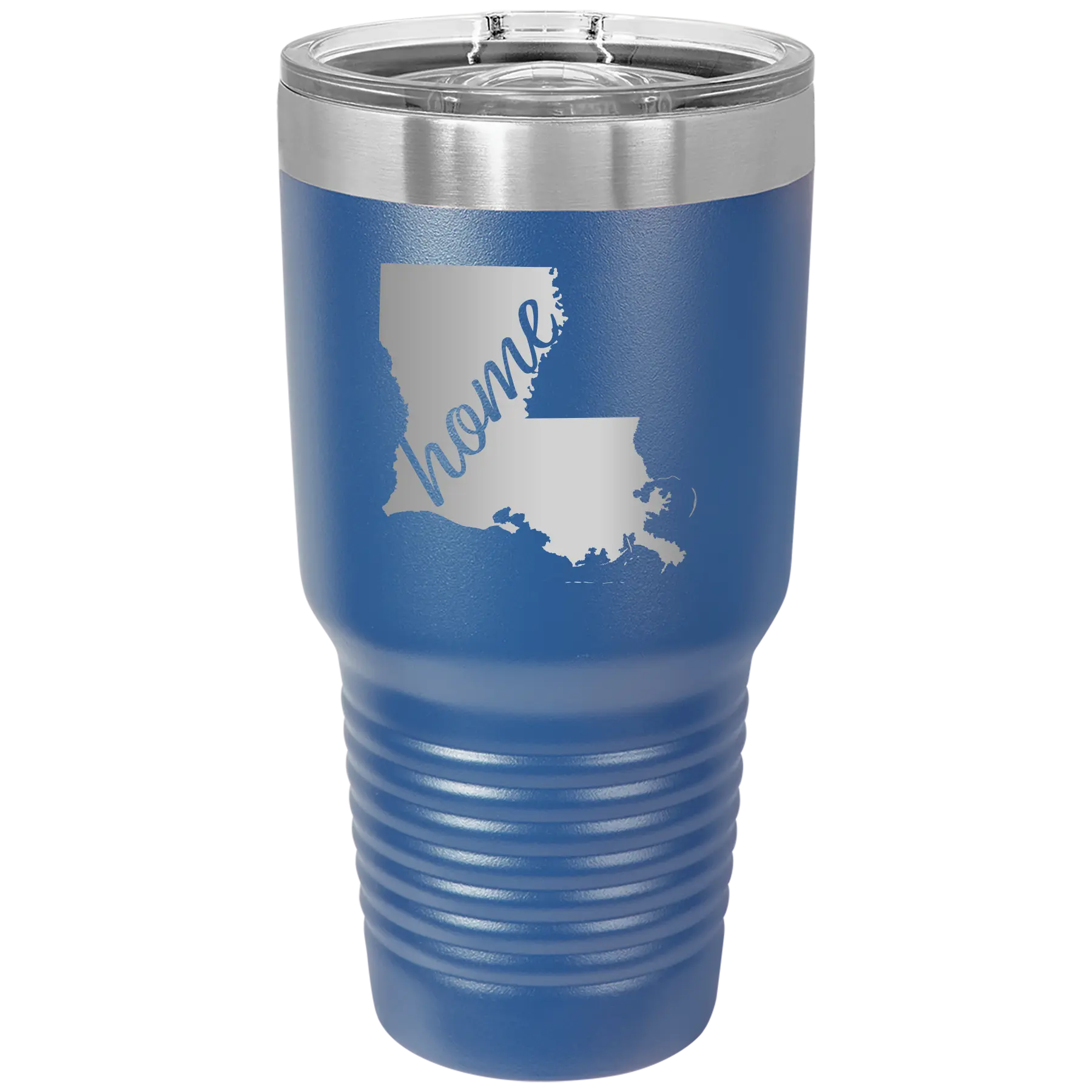 Laser etched royal blue 30 oz vacuum insulated tumbler with 'Louisiana Home' design