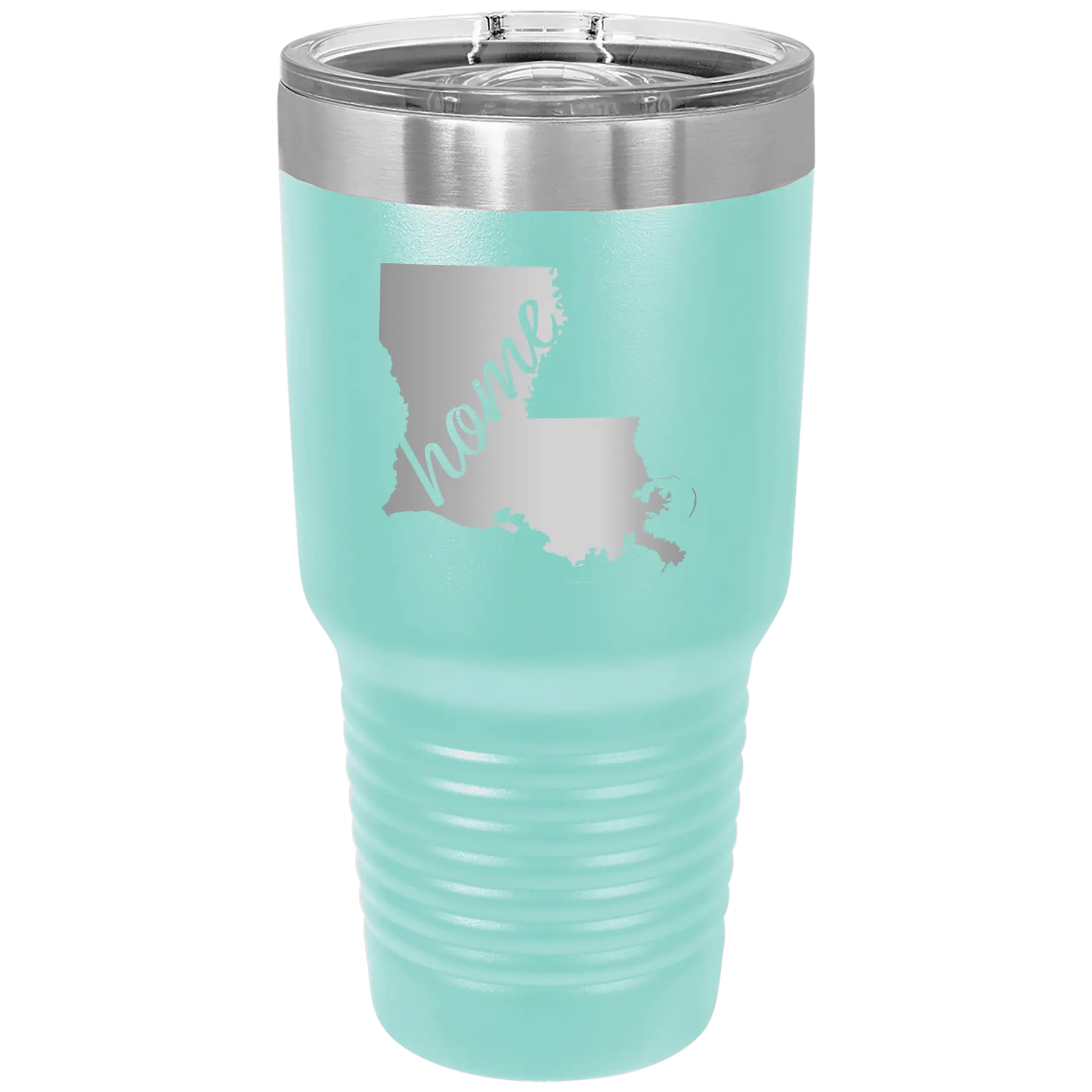 Laser etched teal 30 oz vacuum insulated tumbler with 'Louisiana Home' design