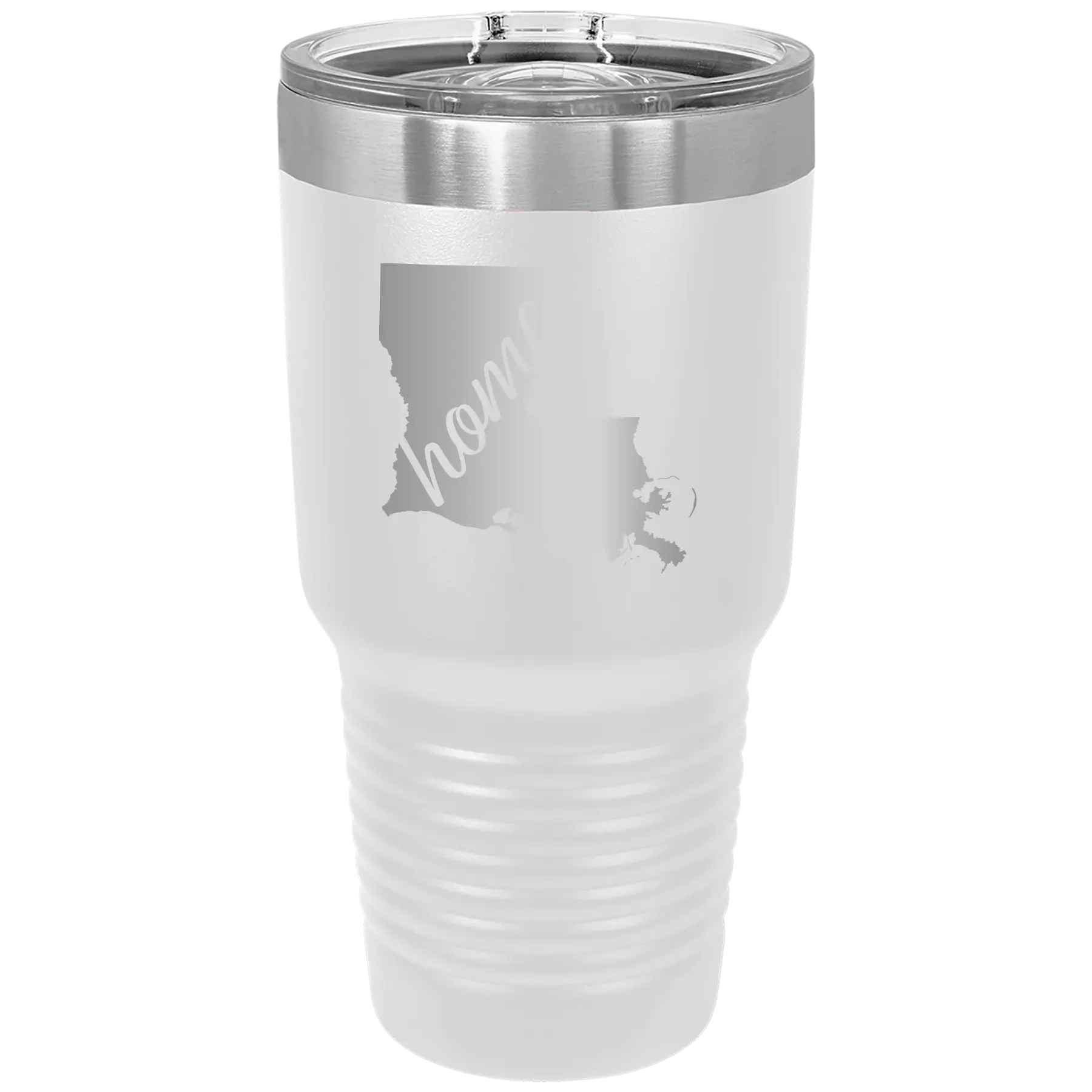 Laser etched white 30 oz vacuum insulated tumbler with 'Louisiana Home' design