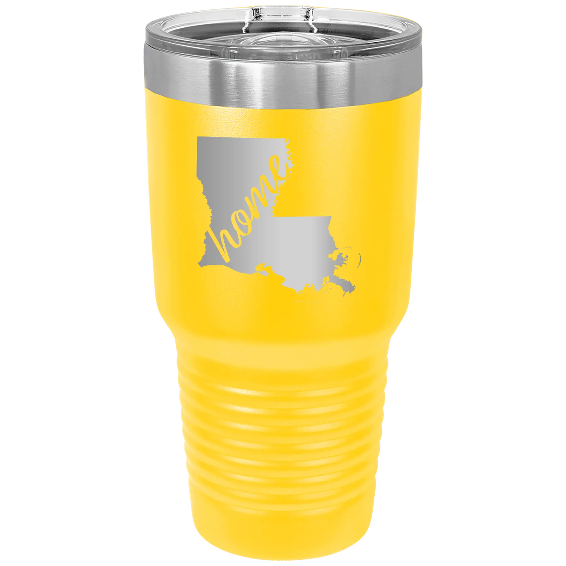 Laser etched yellow 30 oz vacuum insulated tumbler with 'Louisiana Home' design