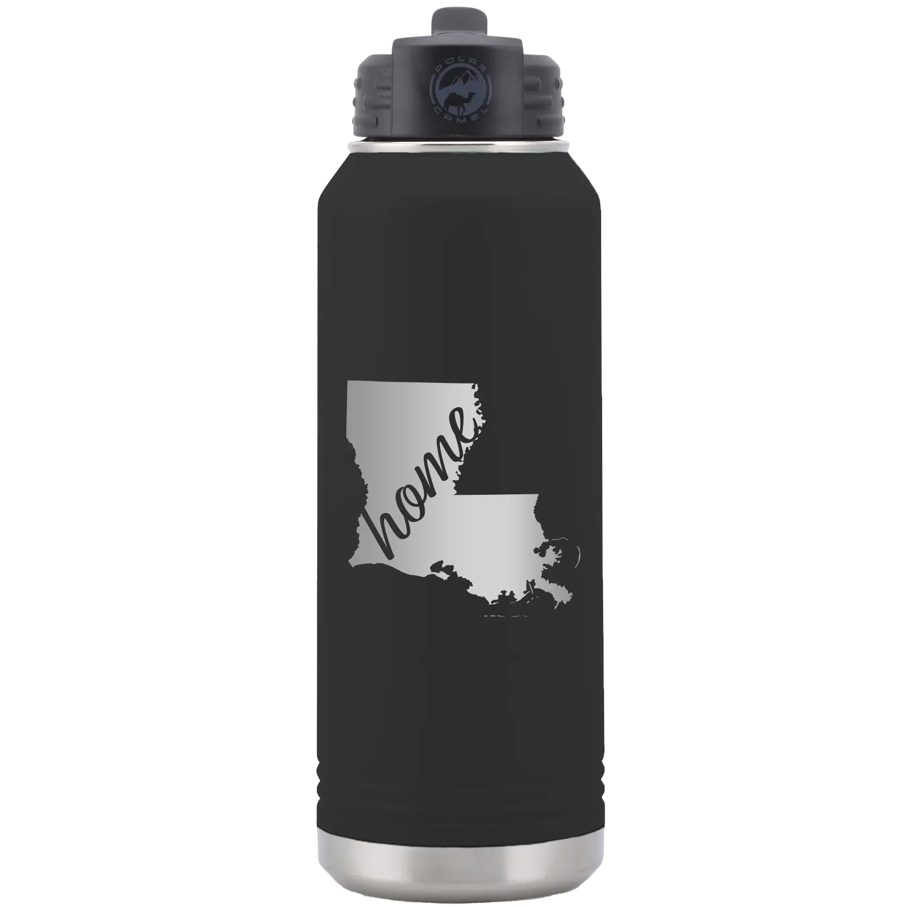 Laser etched black 32 oz vacuum insulated water bottle with 'Louisiana Home' design
