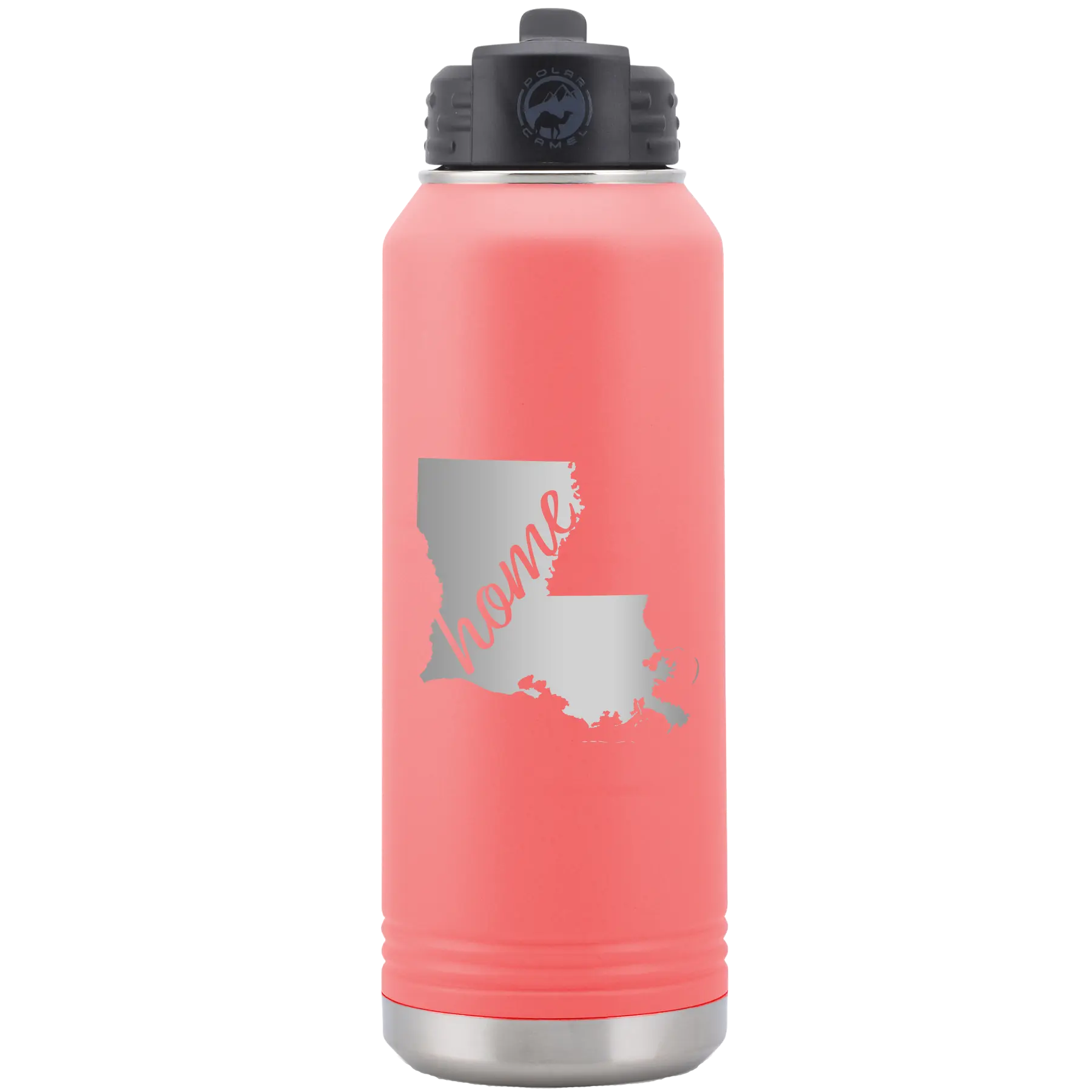 Laser etched coral 32 oz vacuum insulated water bottle with 'Louisiana Home' design