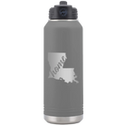 Laser etched dark gray 32 oz vacuum insulated water bottle with 'Louisiana Home' design