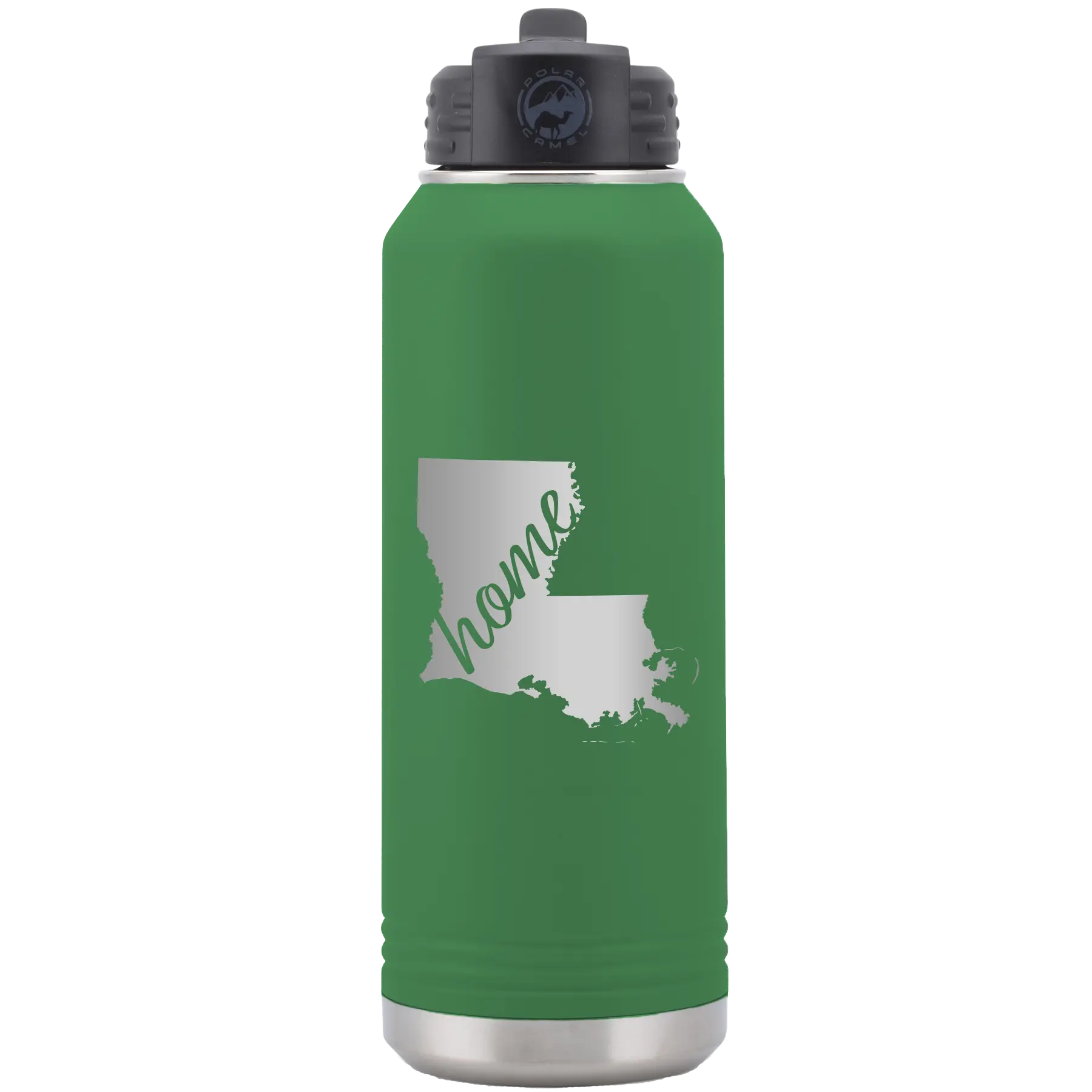 Laser etched green 32 oz vacuum insulated water bottle with 'Louisiana Home' design