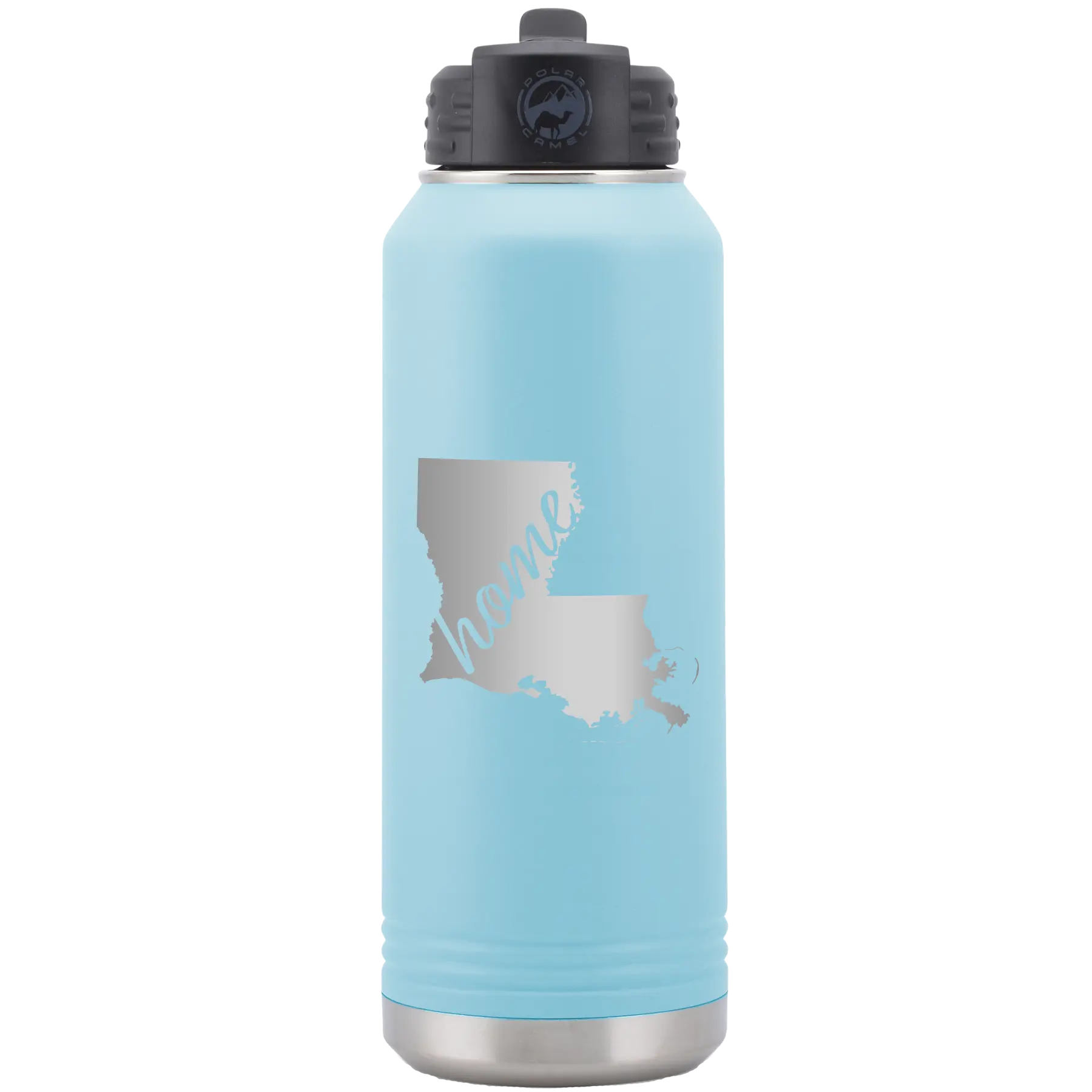 Laser etched light blue 32 oz vacuum insulated water bottle with 'Louisiana Home' design